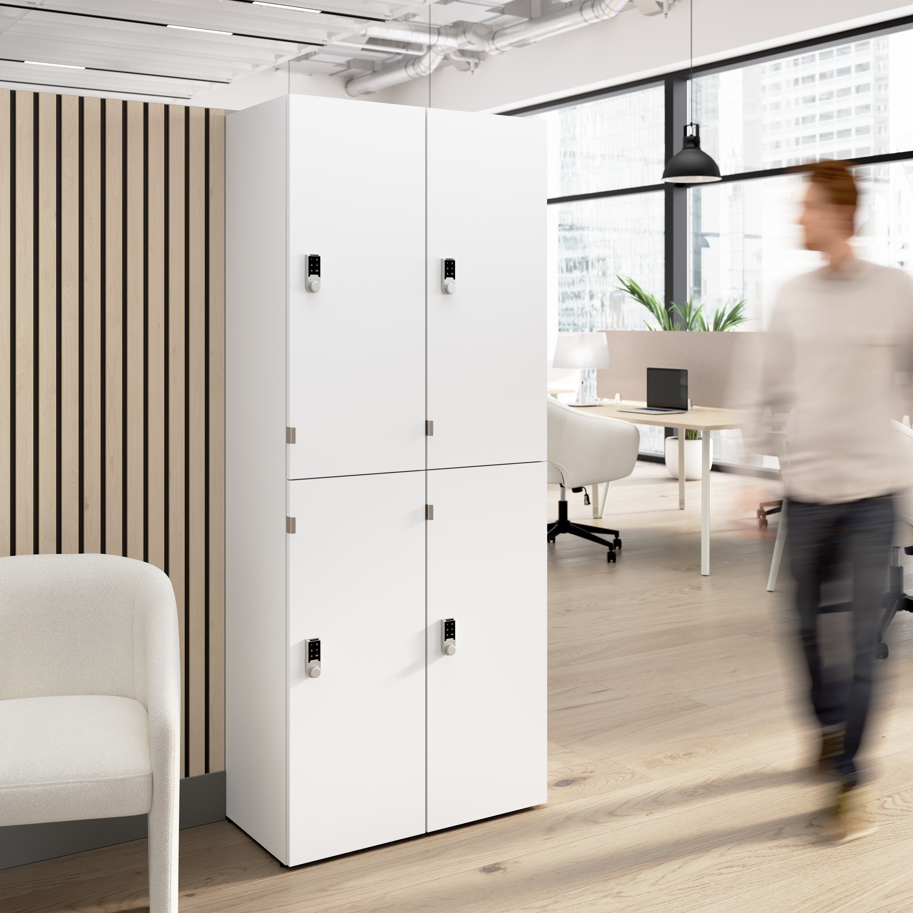 Bush Business Furniture Assure Two Tier 4 Door Storage Lockers with Keypad Locks in White - 29.76" Width x 15.35" Depth x 72.15" Height