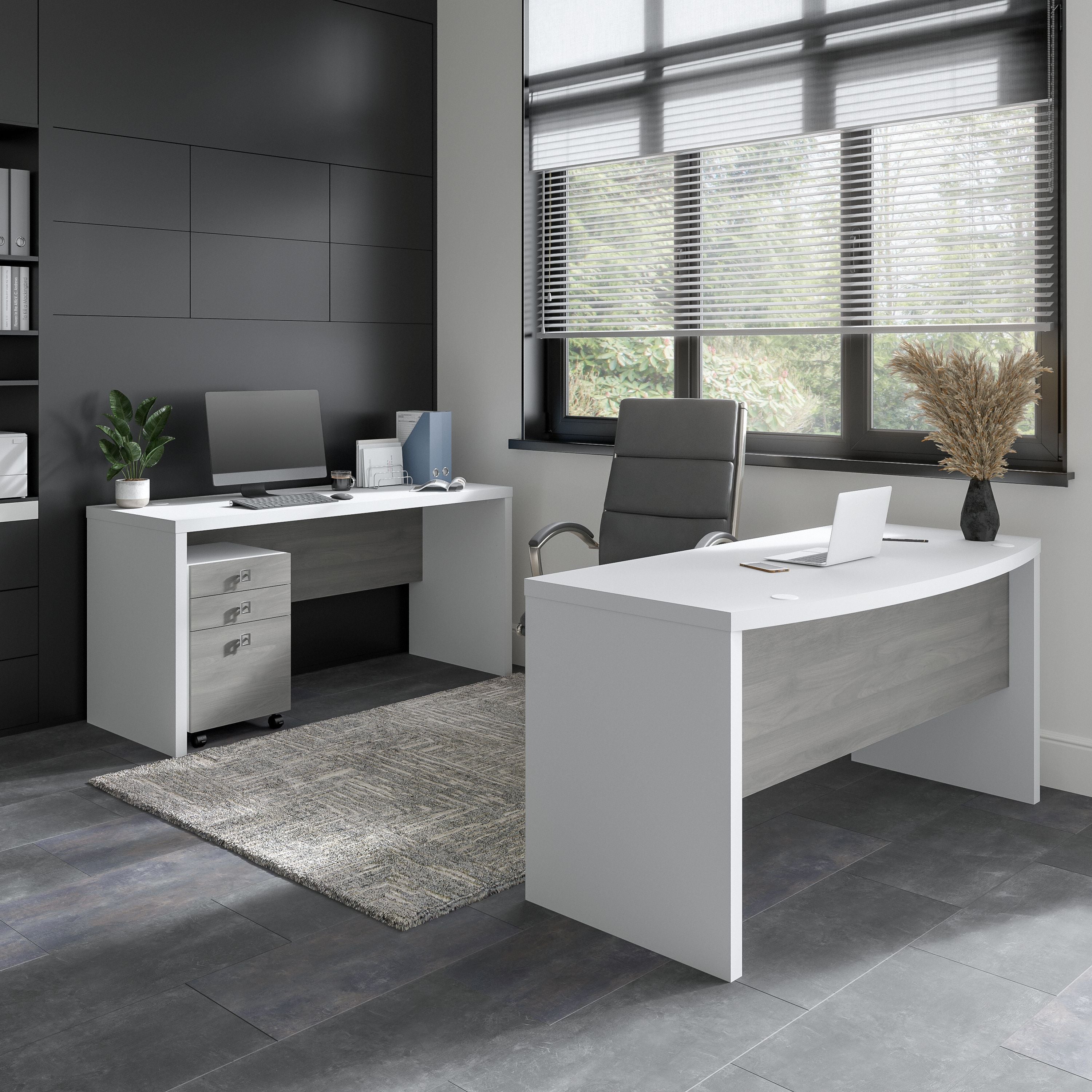Bush Business Furniture Echo Bow Front Desk and Credenza with Mobile File Cabinet in Pure White and Modern Gray - 60" Width x 87.26" Depth x 30" Height