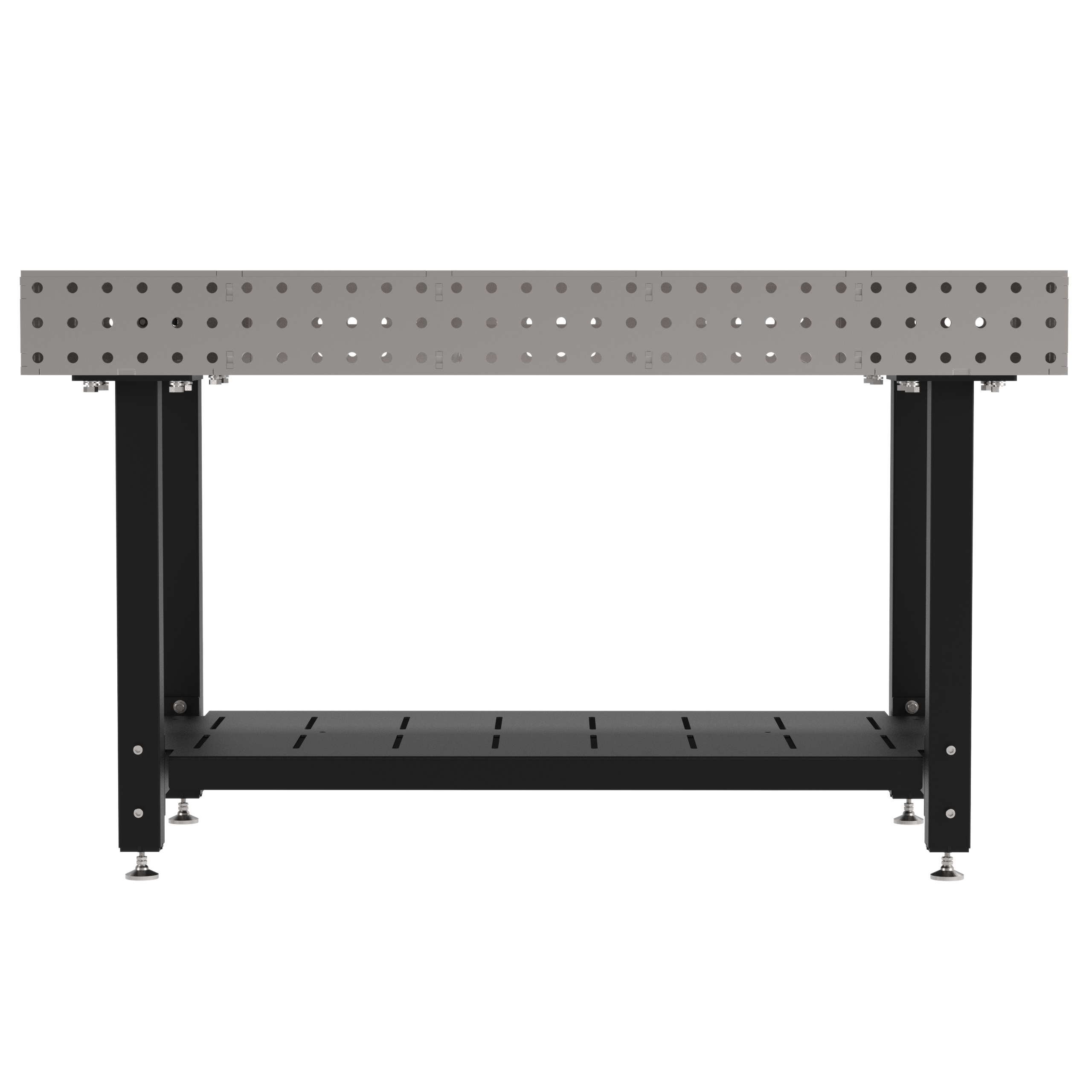Welding Fixture Table, Fixed Height, 36"H x 60"L x 36"D, 1/4" Carbon Steel Top, Four Black Powdercoat Legs, Shelf, Self-Leveling Feet