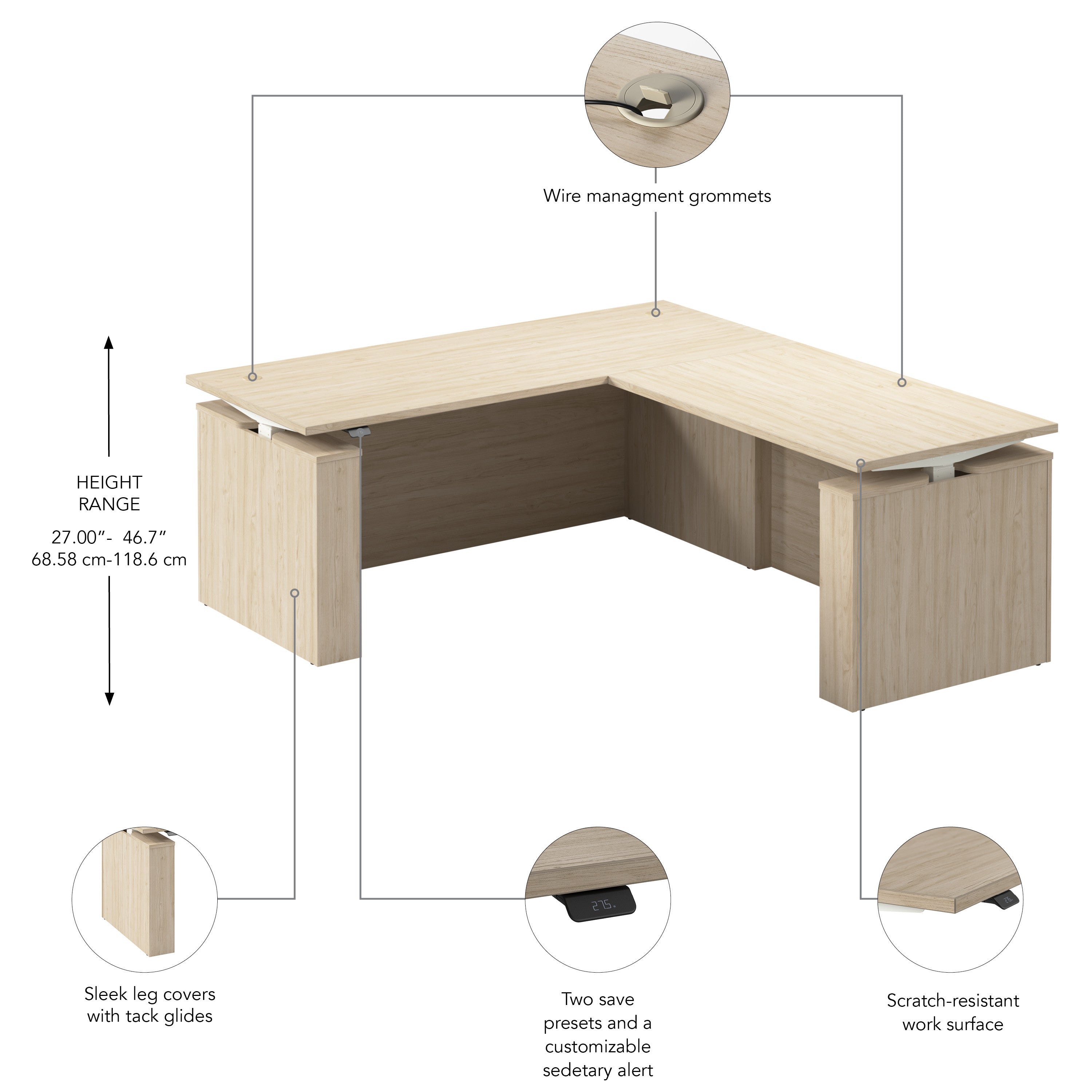 Bush Business Furniture Stratus&nbsp;72W x&nbsp;78D Electric Height Adjustable L Shaped Standing Desk in Natural Elm with White Base - 71.02" Width x 76.97" Depth x 27.44" Height