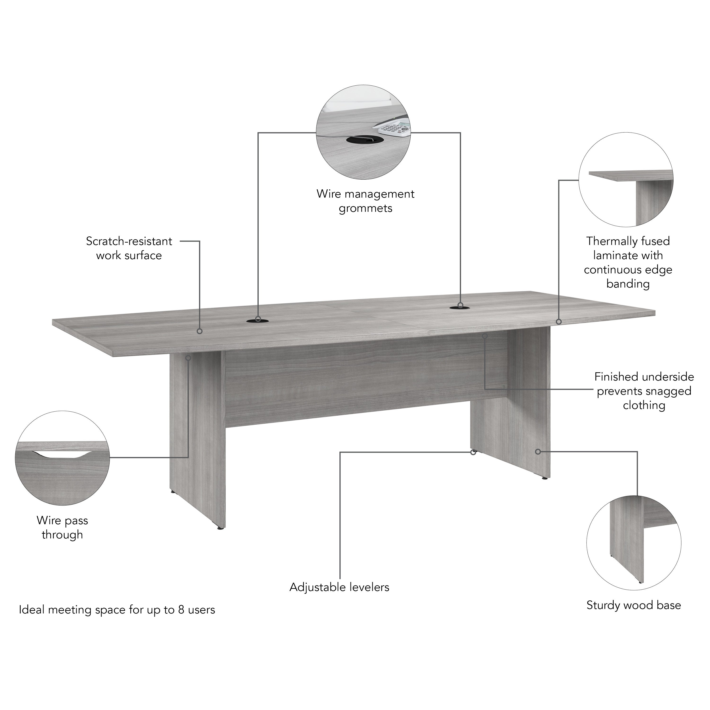 Bush Business Furniture 96-inch Office Conference Table with Wood Base in Platinum Gray - 95.2" Width x 42.01" Depth x 28.65" Height