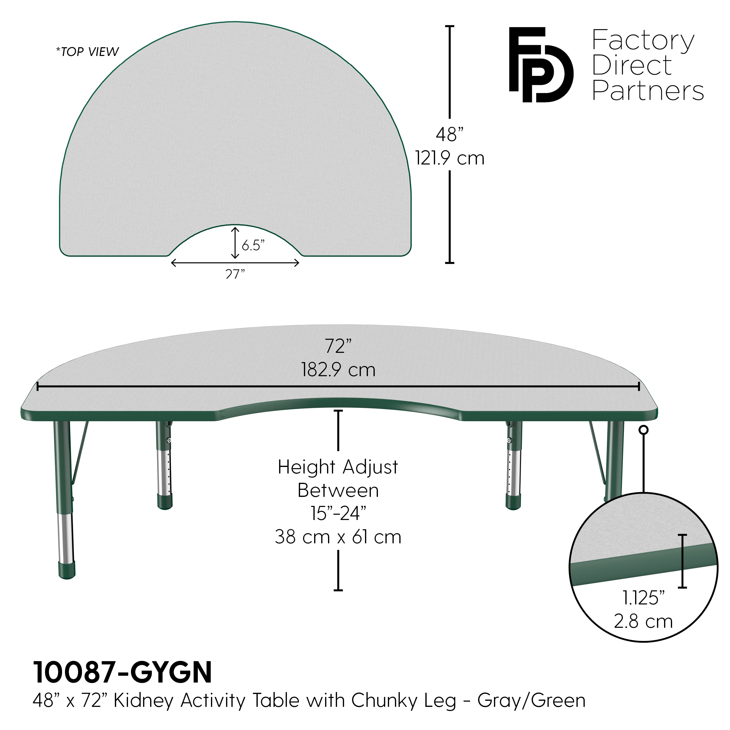 48" x 72" Kidney T-Molding Activity Table with Adjustable Chunky Legs - Gray/Green