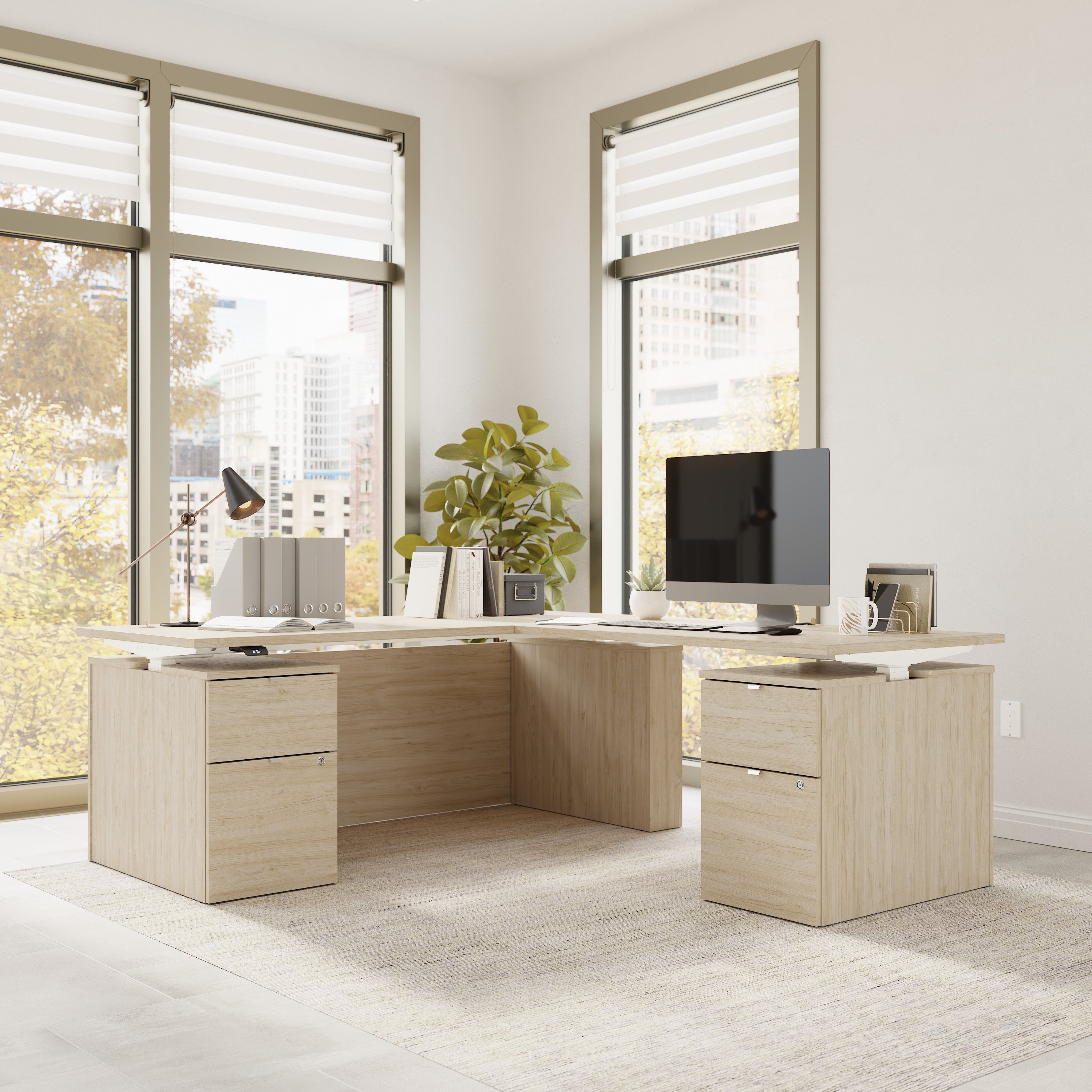 Bush Business Furniture Stratus&nbsp;72W x&nbsp;78D Height Adjustable L Shaped Standing Desk with Drawers in Natural Elm with White Base - 71.02" Width x 76.97" Depth x 27.44" Height
