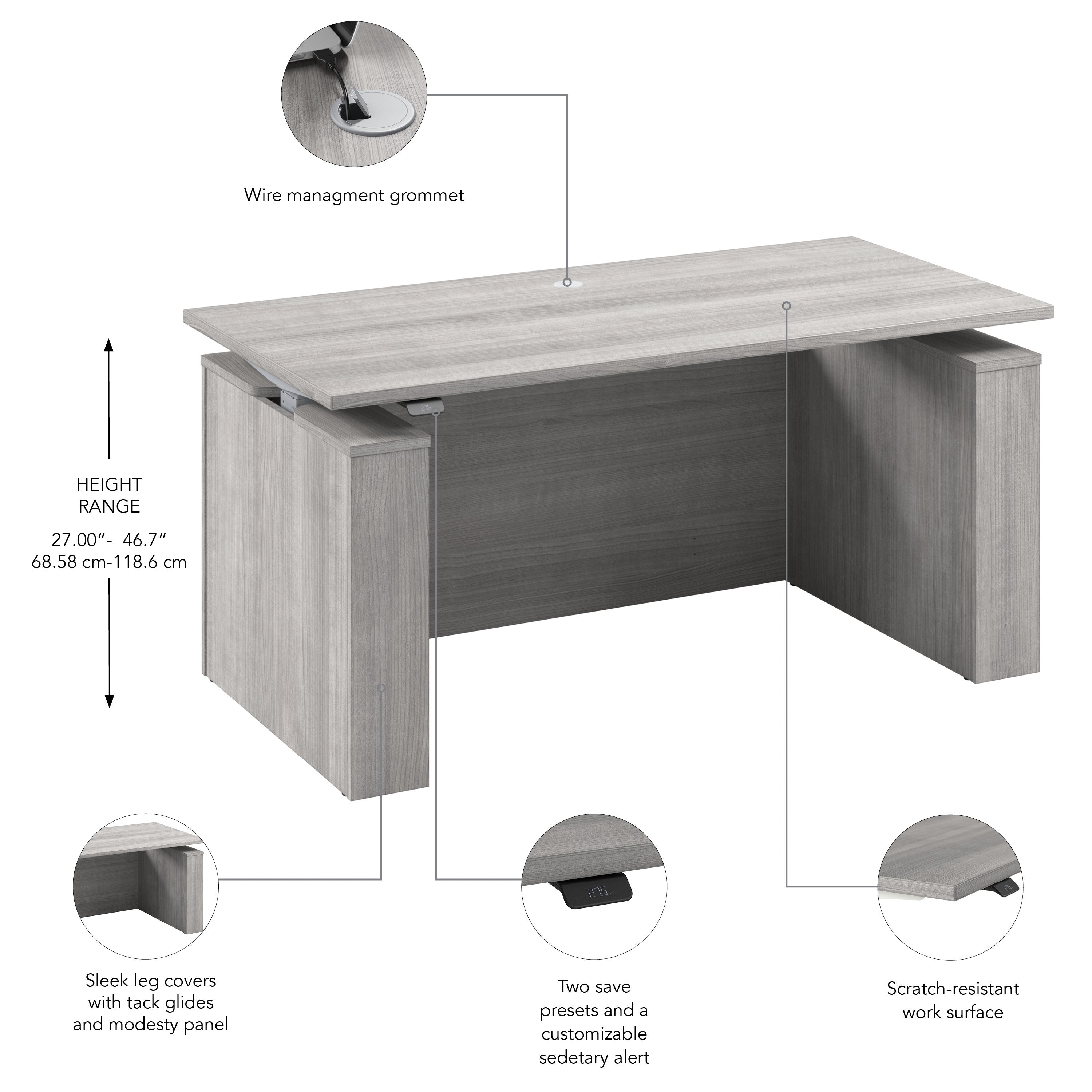 Bush Business Furniture Stratus&nbsp;60W x&nbsp;30D Electric Height Adjustable Standing Desk with Modesty Panel in Platinum Gray with Metallic Gray Base - 59.45" Width x 29.37" Depth x 27.44" Height