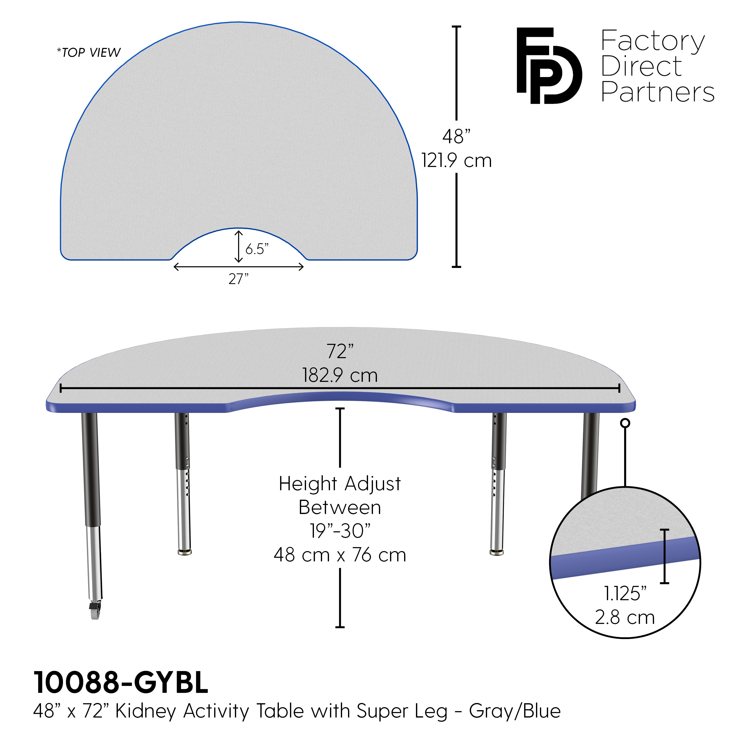 48" x 72" Kidney T-Molding Activity Table with Adjustable Super Legs - Gray/Blue/Black