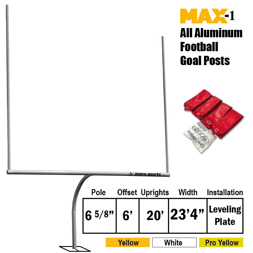 Football Goal Posts - 6-5/8 in. Pole | 6 ft. Offset | 20 ft. Uprights | 23 ft.-4 in. Wide [HS] | Leveling Plate - Max-1  (Pro Yellow)