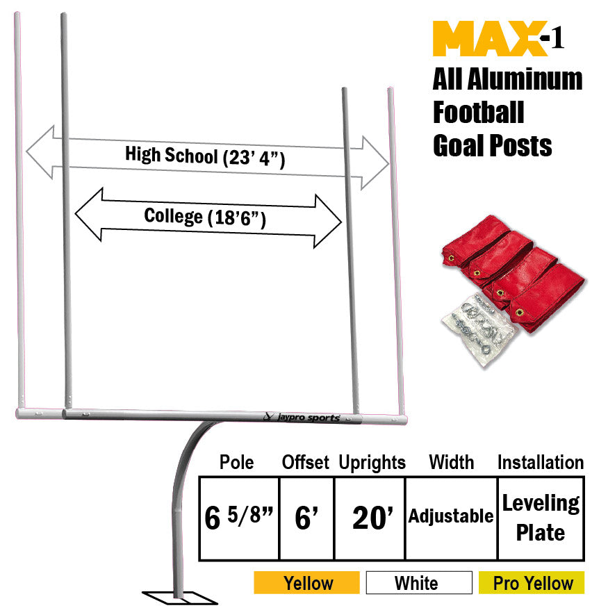 Football Goal Posts - 6-5/8 in. Pole | 6 ft. Offset | 20 ft. Uprights | Expandable Crossbar | Leveling Plate - Max-1