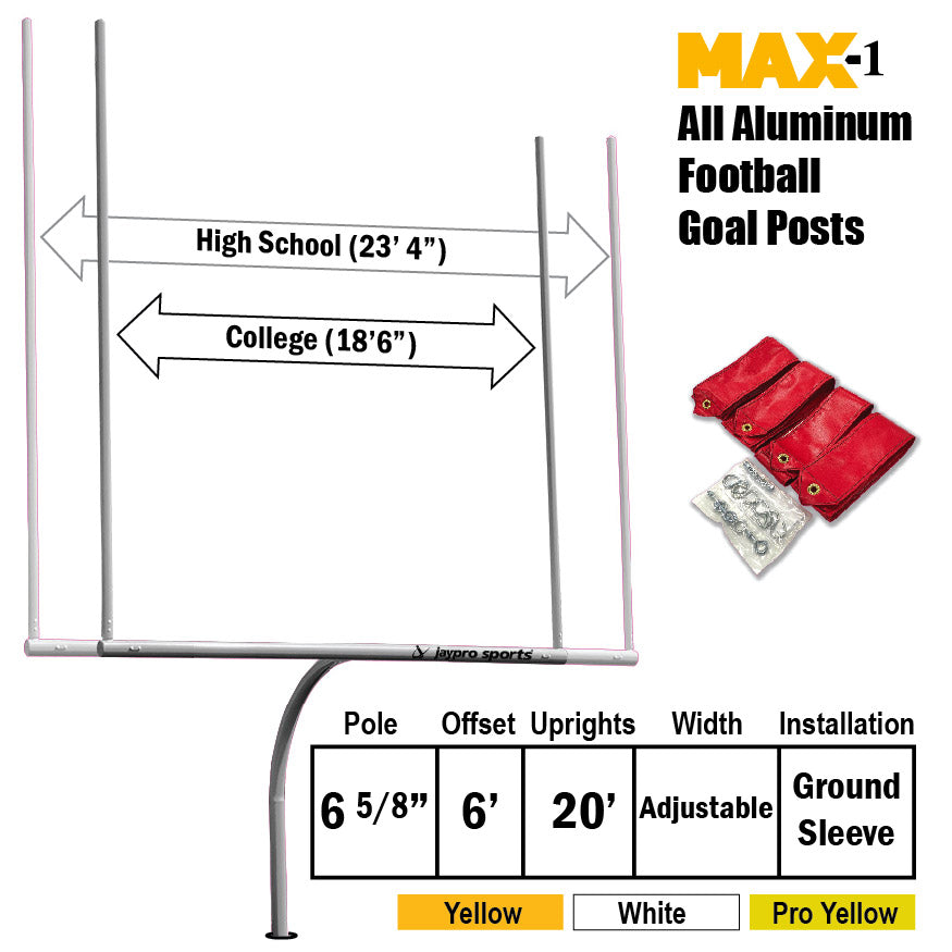 Football Goal Posts - 6-5/8 in. Pole | 6 ft. Offset | 20 ft. Uprights | Expandable Crossbar | Semi-Perm - Max-1  (Yellow)