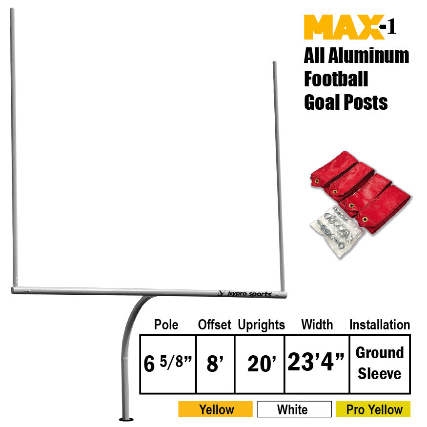 Football Goal Posts - 6-5/8 in. Pole | 8 ft. Offset | 20 ft. Uprights | 23 ft.-4 in. Wide [HS] | Semi-Perm - Max-1  (Pro Yellow)
