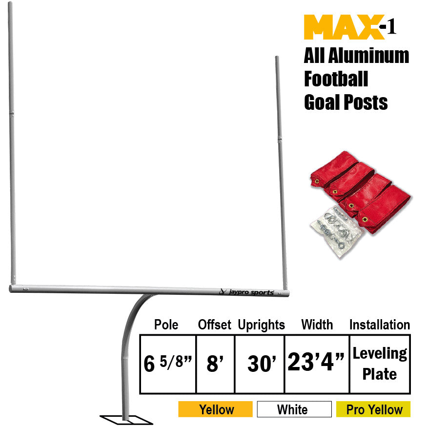 Football Goal Posts - 6-5/8 in. Pole | 8 ft. Offset | 30 ft. Uprights | 23 ft.-4 in. Wide [HS] | Leveling Plate - Max-1