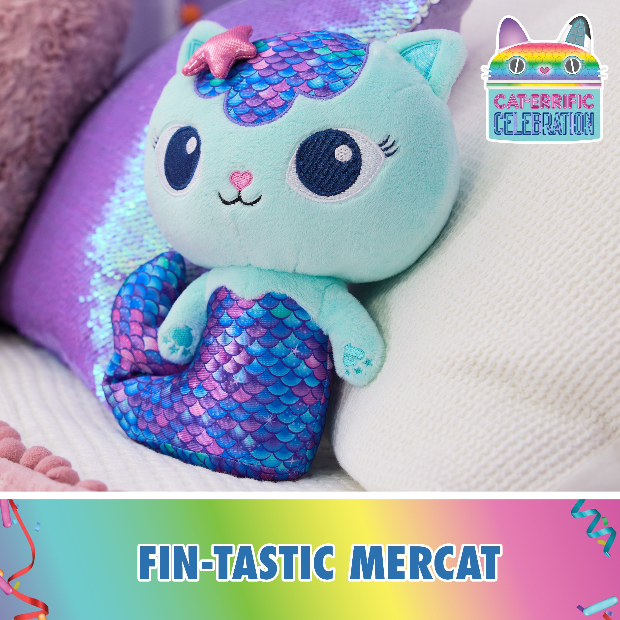 Gabby’s Dollhouse, Fin-Tastic MerCat, Premium Plush Toy, 10-Inch Tall Stuffed Animal with Moving Mermaid Tail, Kids Toys for Girls & Boys Ages 3+
