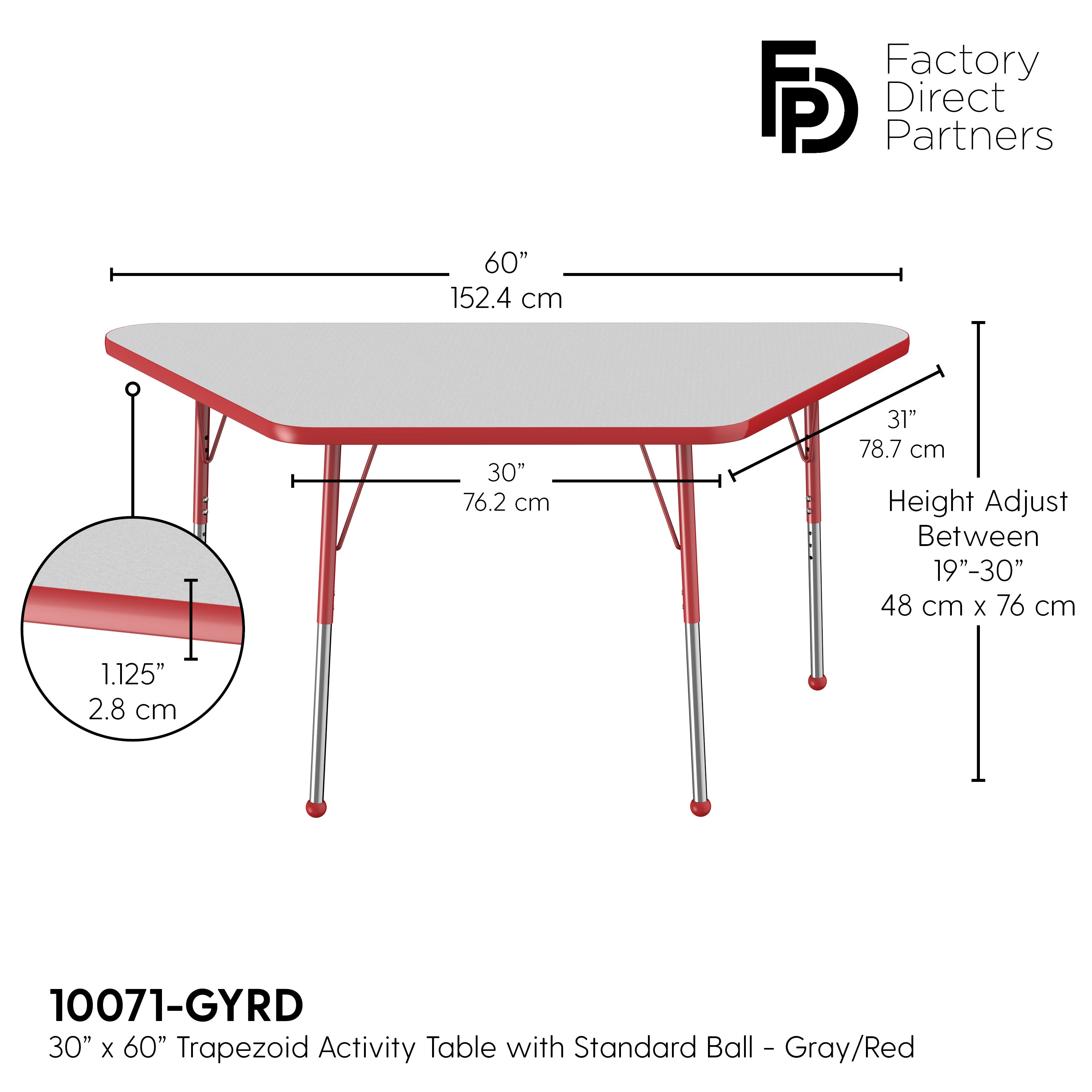 30" x 60" Trapezoid T-Molding Activity Table with Adjustable Standard Ball Glide Legs - Gray/Red