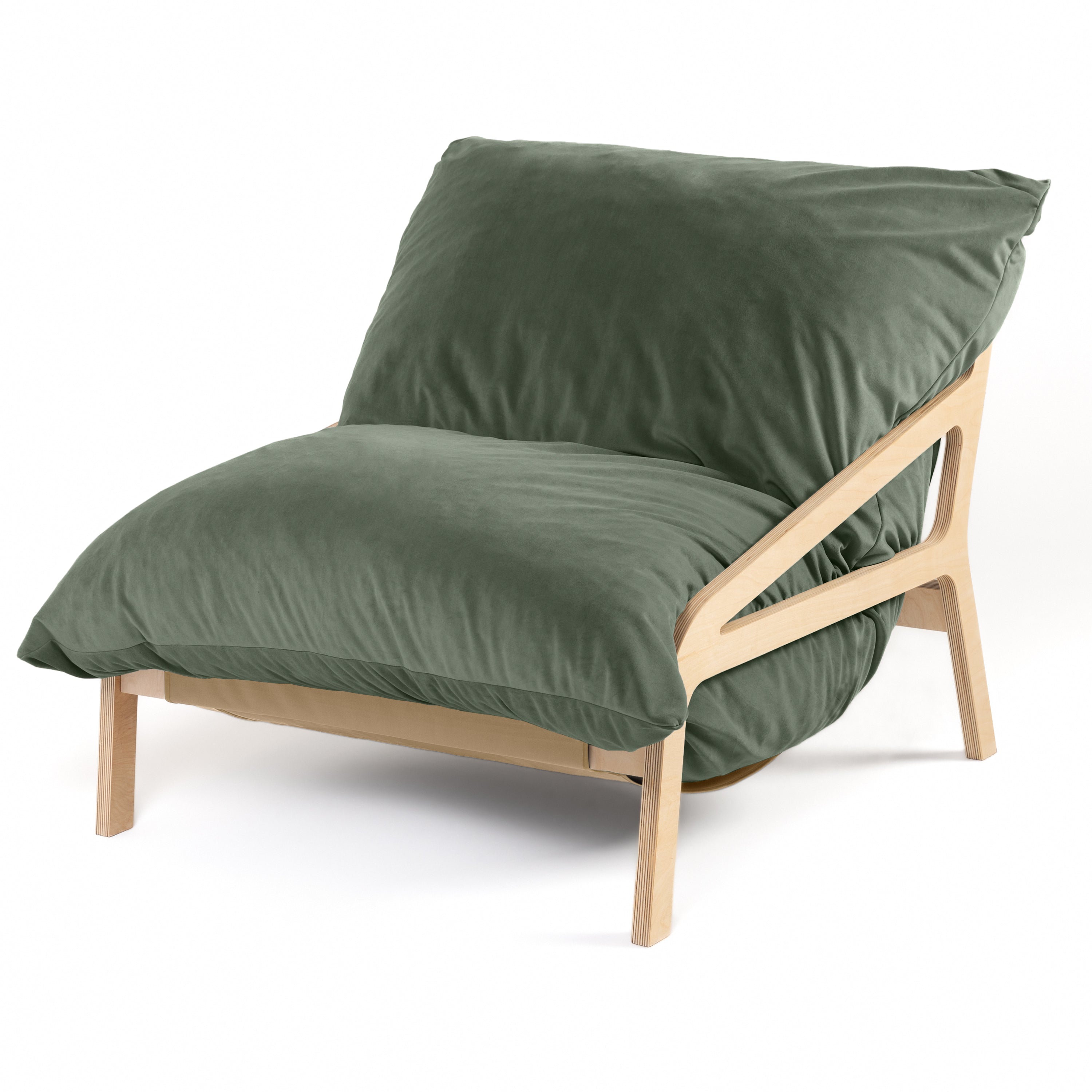 Pillow Saxx Dream Lounger with Wood Frame - 3-in-1 Bean Bag Accent Chair, Recliner & Sleeper, Lush Velvet Green