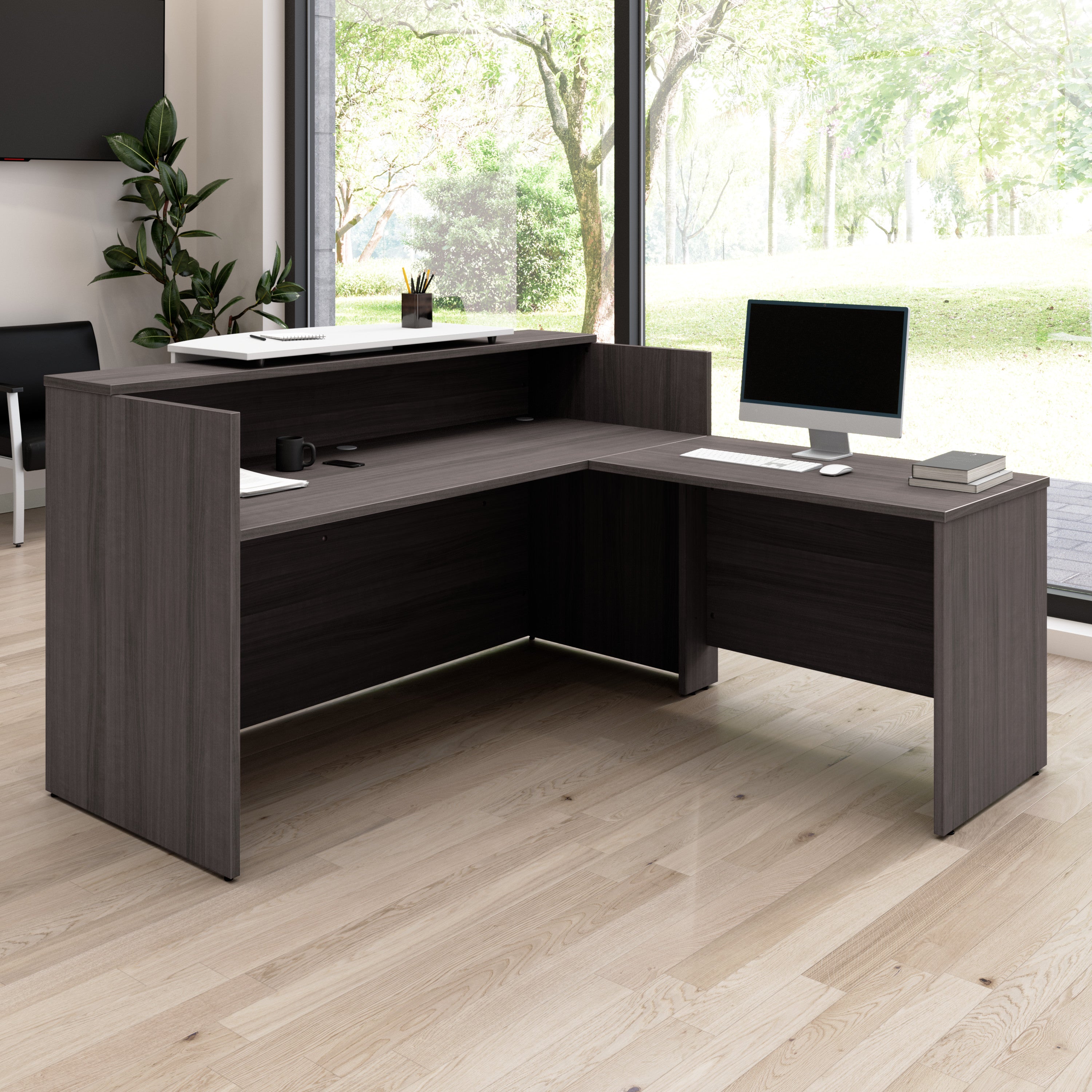 Bush Business Furniture Arrive 72W x 72D L Shaped Reception Desk with Counter in Storm Gray - 71.02" Width x 71.14" Depth x 40.35" Height
