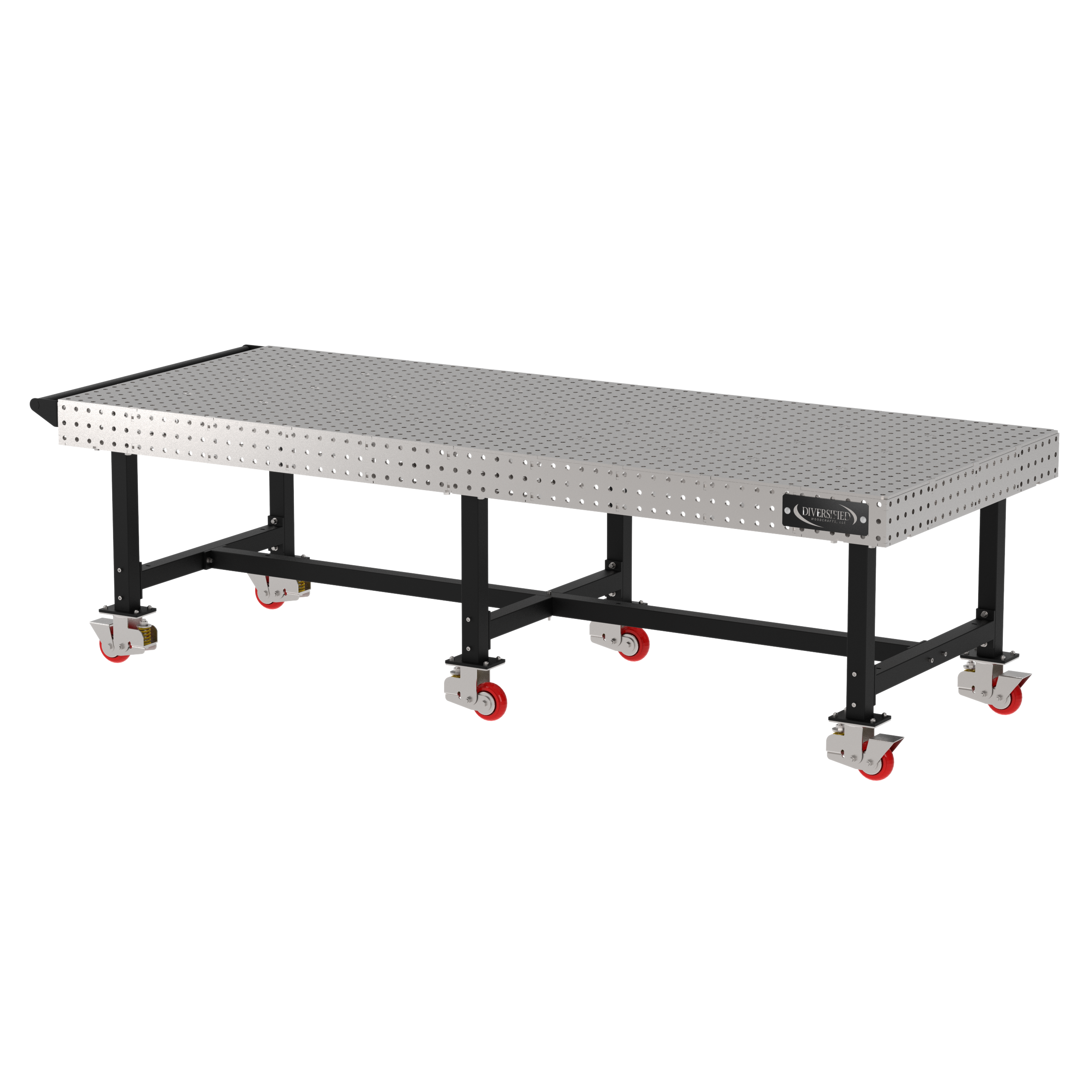 Welding Fixture Table, Fixed Height, 36"H x 120"L x 48"D, 1/4" Carbon Steel Top, Six Black Powdercoat Legs, Handle, 6 Heavy Duty Suspension Casters (4 Locking/Swiveling Casters and 2 Non-Locking/Non-SwivelingCasters)