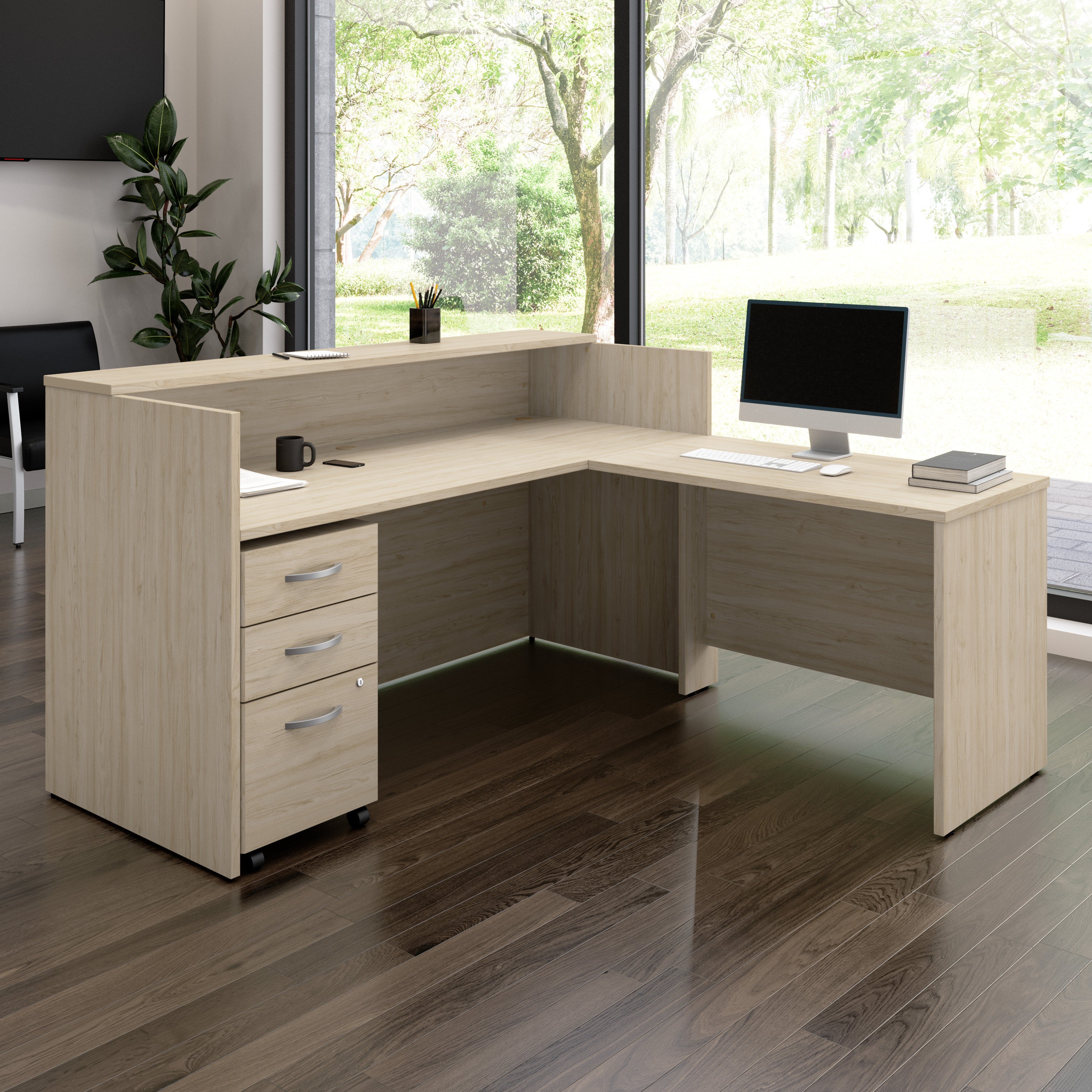 Bush Business Furniture Arrive 72W x 72D L Shaped Reception Desk with Shelf and Mobile File Cabinet in Natural Elm - 71.02" Width x 71.14" Depth x 40.35" Height