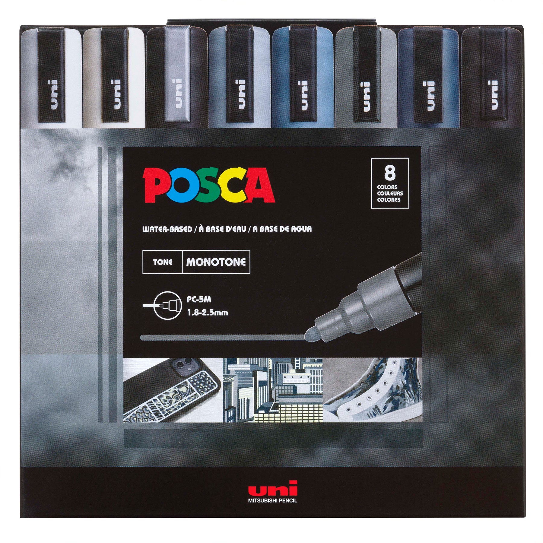uni® POSCA PC-5M Monotone Water-Based Paint Markers, Reversible Medium Tip (1.8-2.5mm), Monotone Ink Colors, 8 Pack