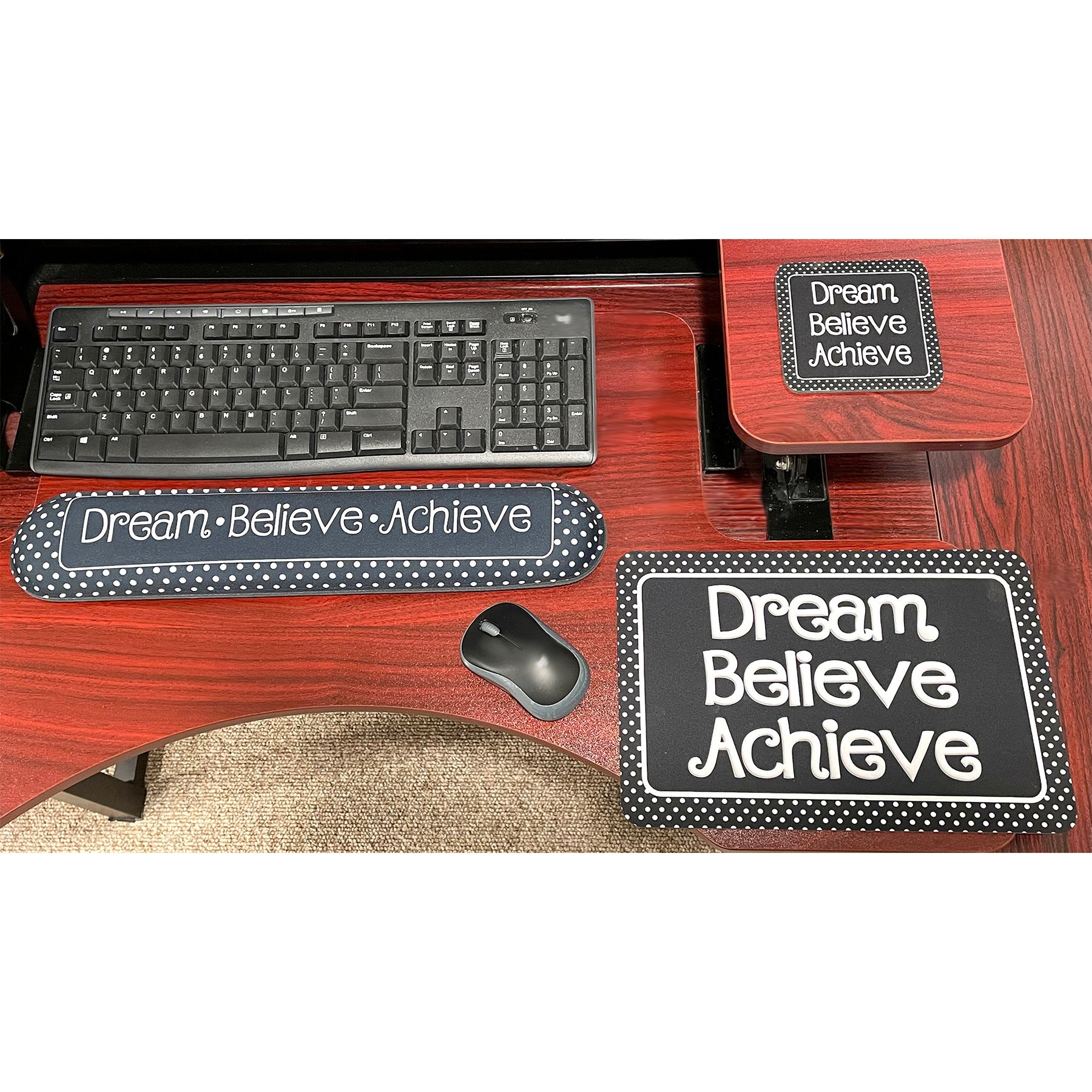 The Original Fun Mat® Computer Desk Mats, Set of 3, (1) Mouse Pad, (1) Keyboard Wrist Pad, (1) Coaster, Dream, Believe, Achieve, Black with White Dots