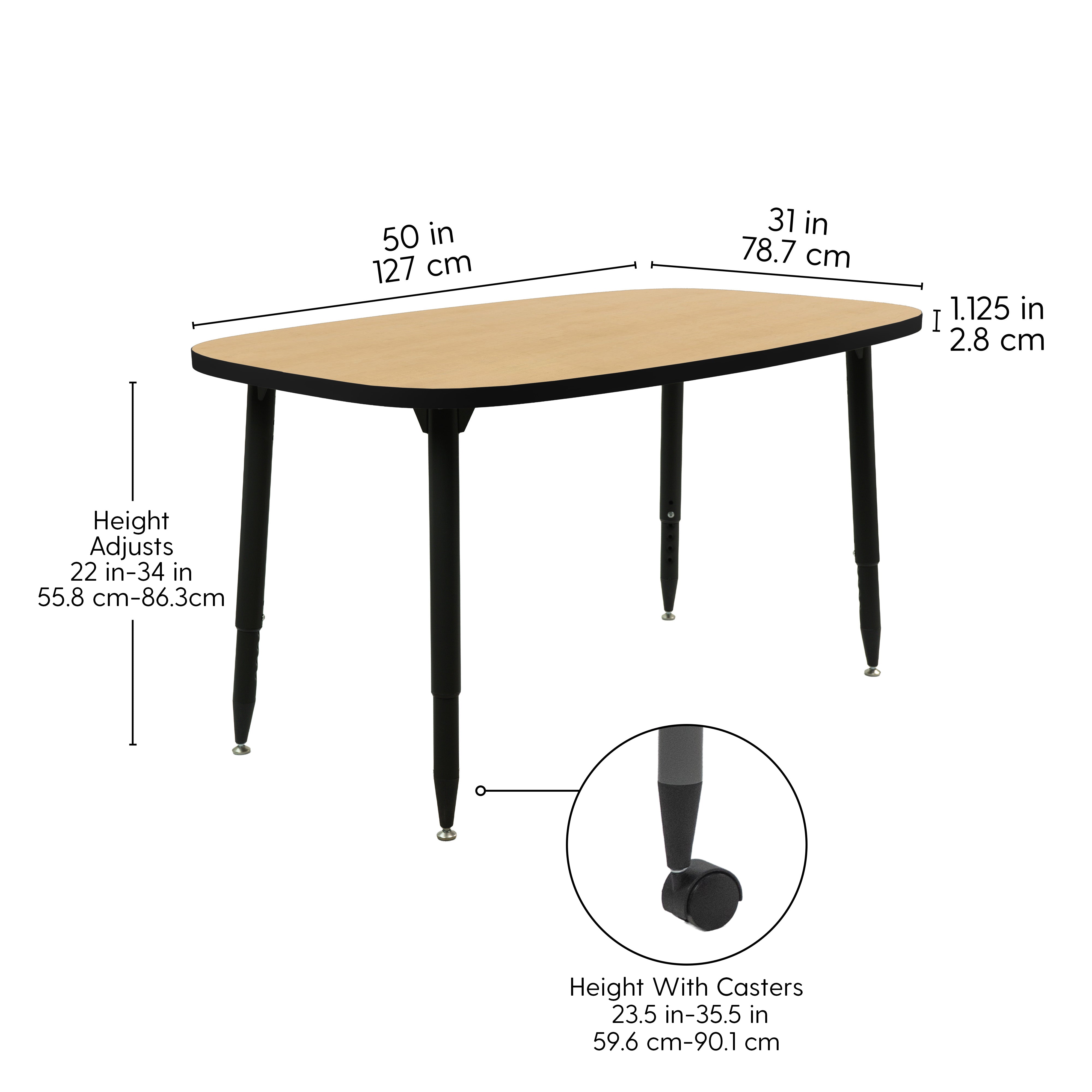 Adapte 31" x 50" Rounded Rectangle Thermofused Activity Table with Adjustable Tapered Legs - Maple/Black
