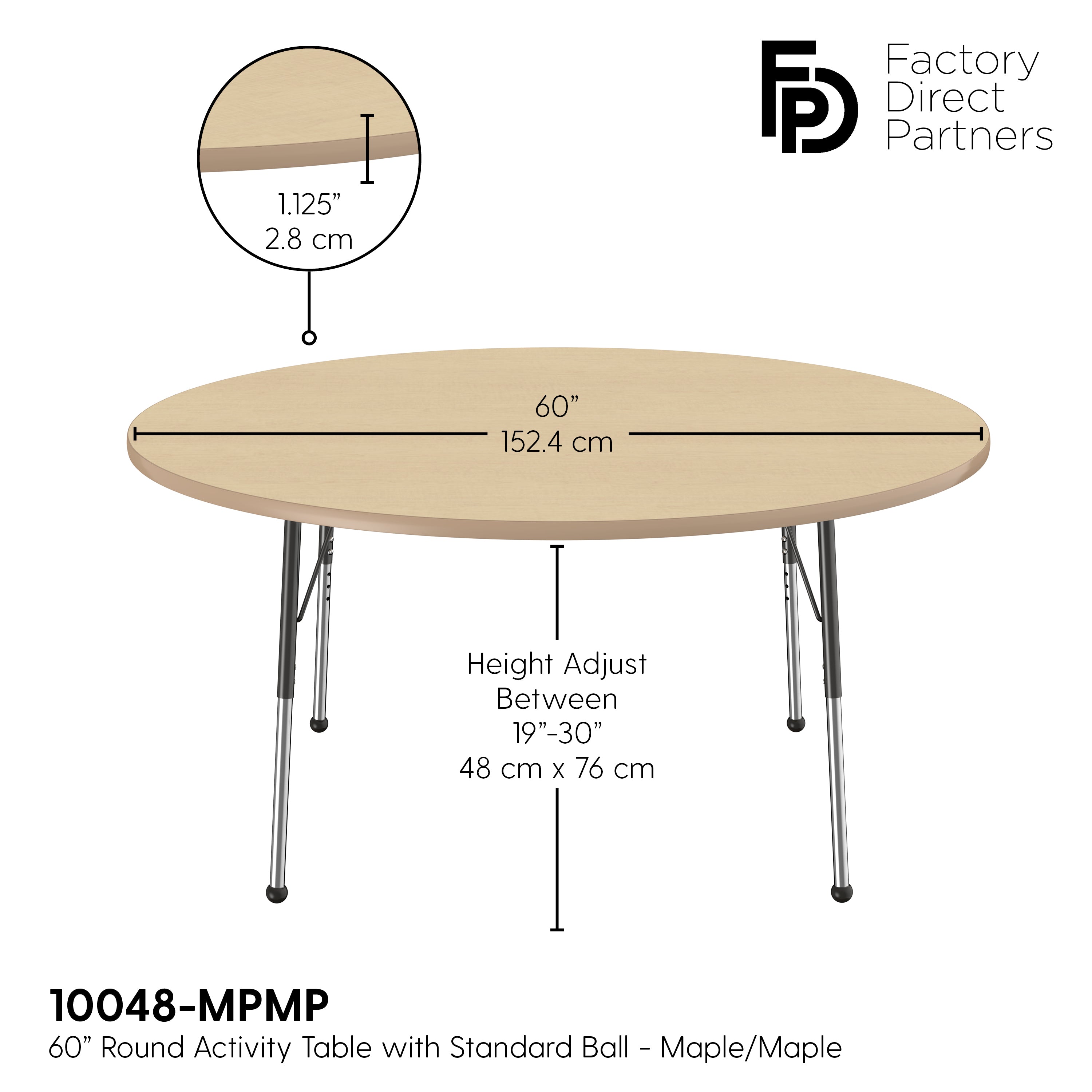 60" Round T-Molding Activity Table with Adjustable Standard Ball Glide Legs - Maple/Maple/Black