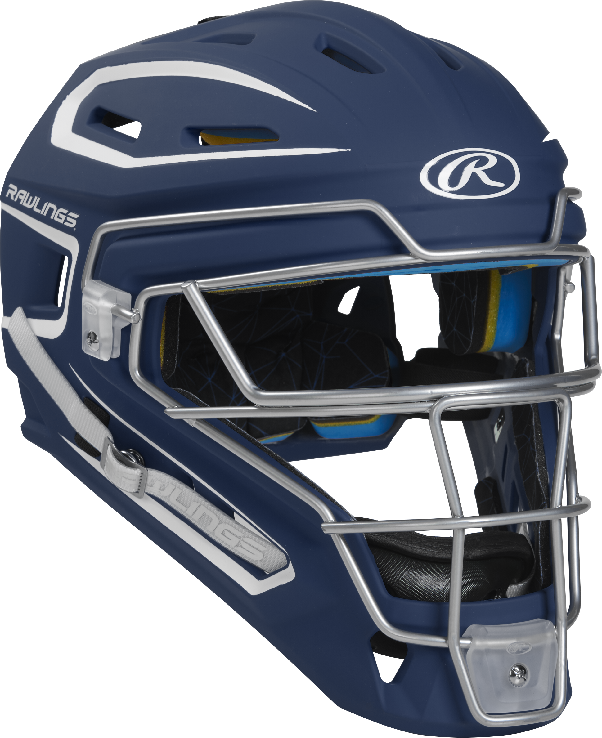 Rawlings Mach Matte 2-Tone Hockey Style Senior Catchers Helmet - Navy/White