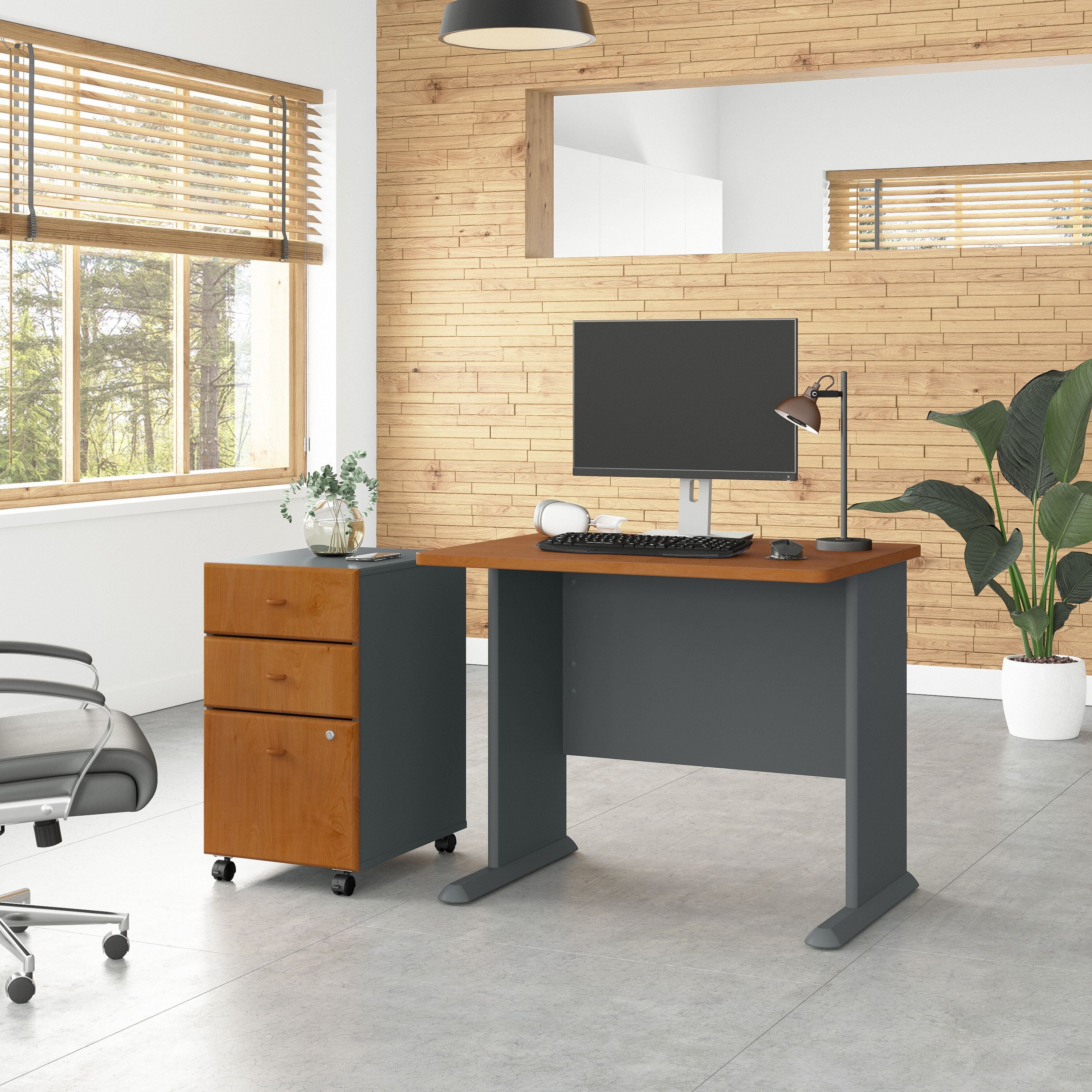 Bush Business Furniture Series A 36W Desk with Mobile File Cabinet in Natural Cherry and Slate - 51.3" Width x 26.81" Depth x 29.66" Height