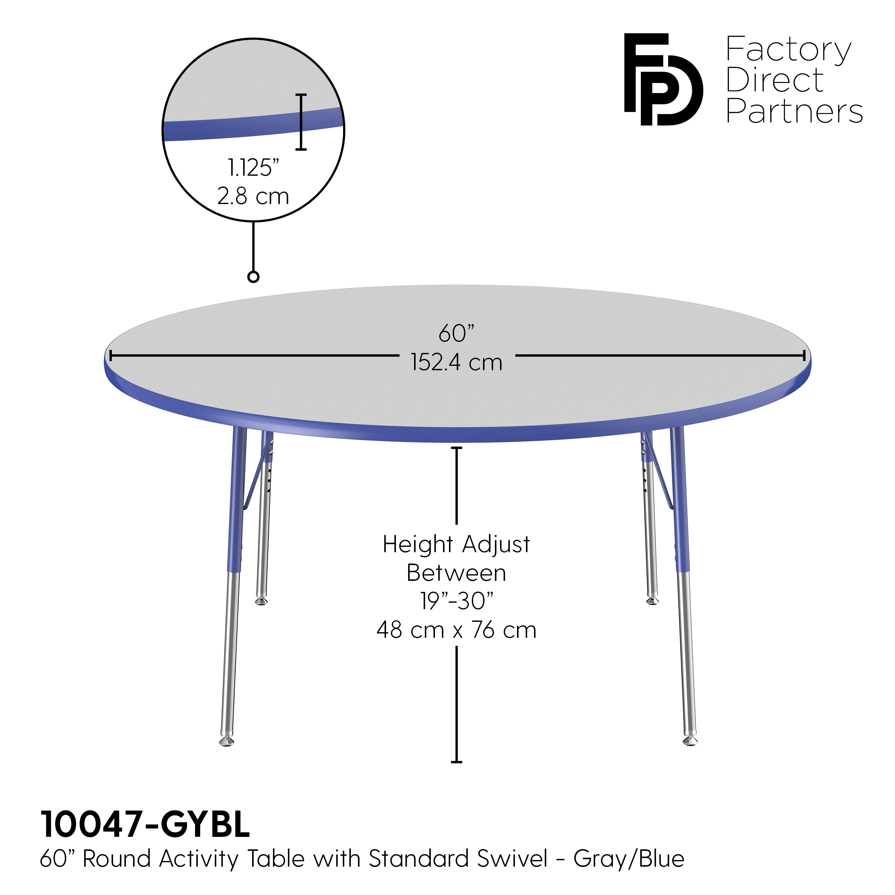 60" Round T-Molding Activity Table with Adjustable Standard Swivel Glide Legs - Gray/Blue