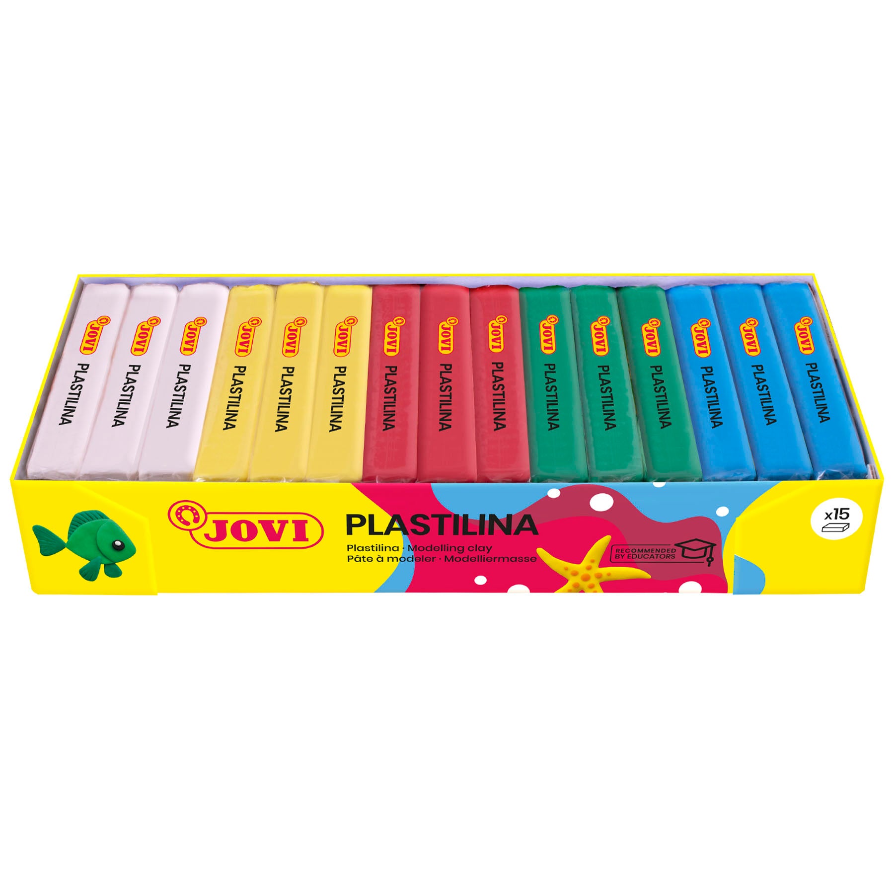 Plastilina Modeling Clay, Basic Colors, 15 Bars (150 g Each), Non-Drying Reusable Modeling Clay