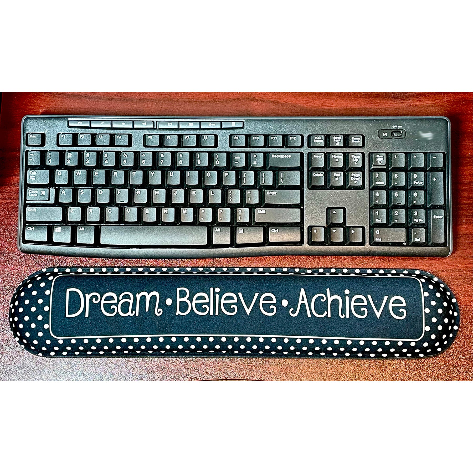 The Original Fun Mat® Computer Desk Mats, Set of 3, (1) Mouse Pad, (1) Keyboard Wrist Pad, (1) Coaster, Dream, Believe, Achieve, Black with White Dots
