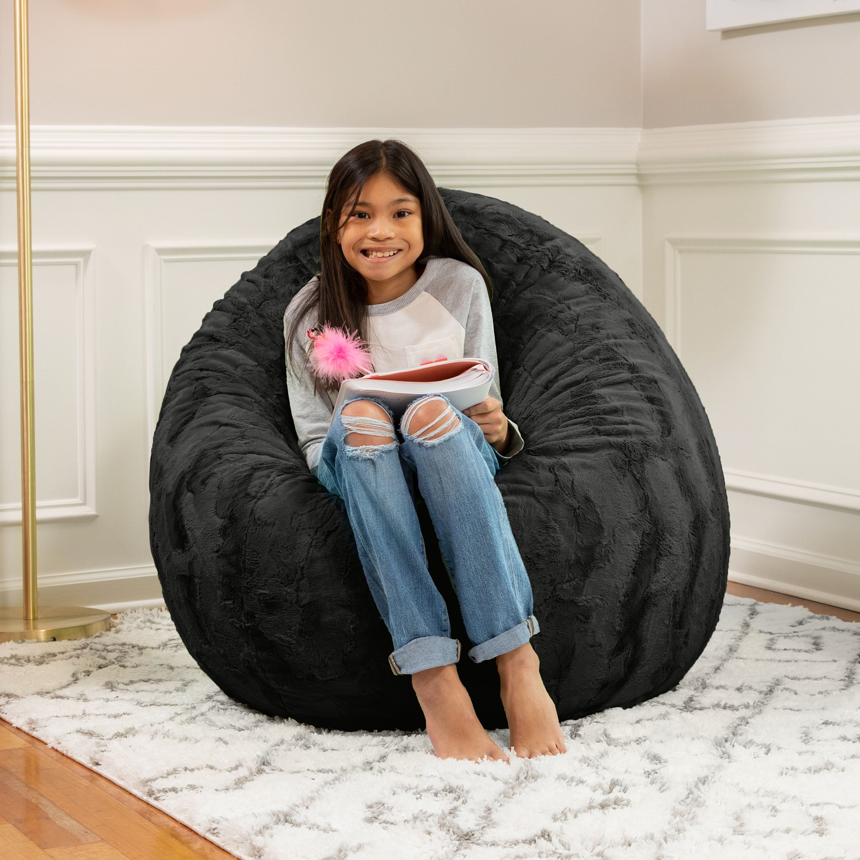 Jaxx Cocoon 4 Foot Bean Bag Chair - Faux Fur, Black