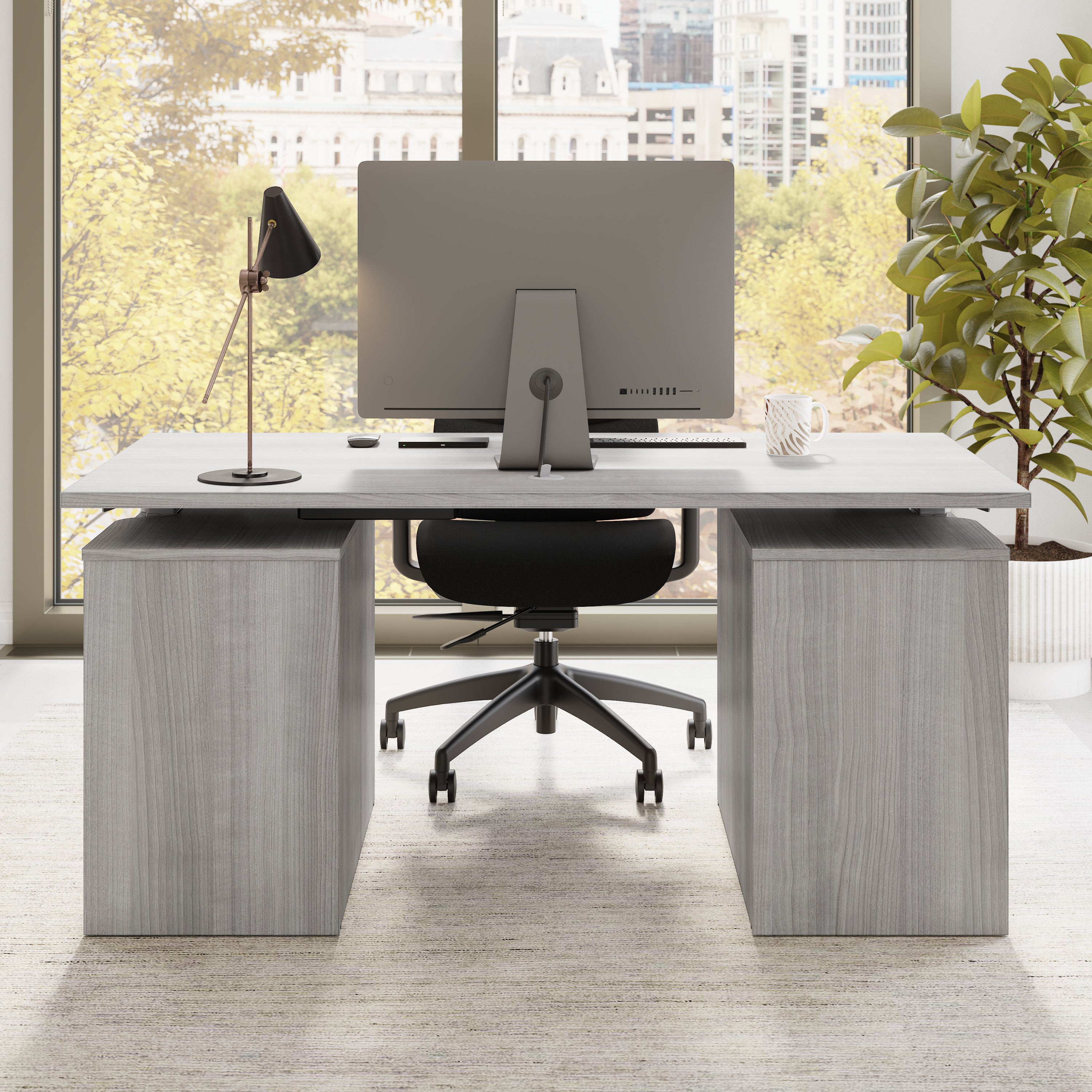 Bush Business Furniture Stratus&nbsp;60W x&nbsp;30D Electric Height Adjustable Standing Desk with Drawers in Platinum Gray with Metallic Gray Base - 59.45" Width x 29.37" Depth x 27.44" Height