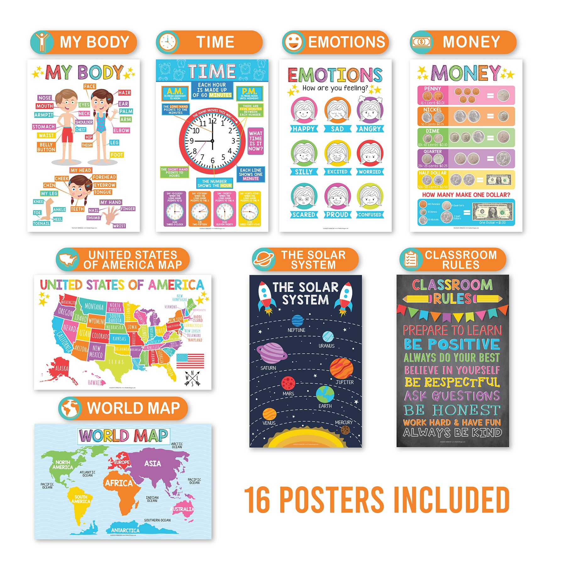 Colorful Preschool Educational Laminated Posters For Toddlers, Set of 16