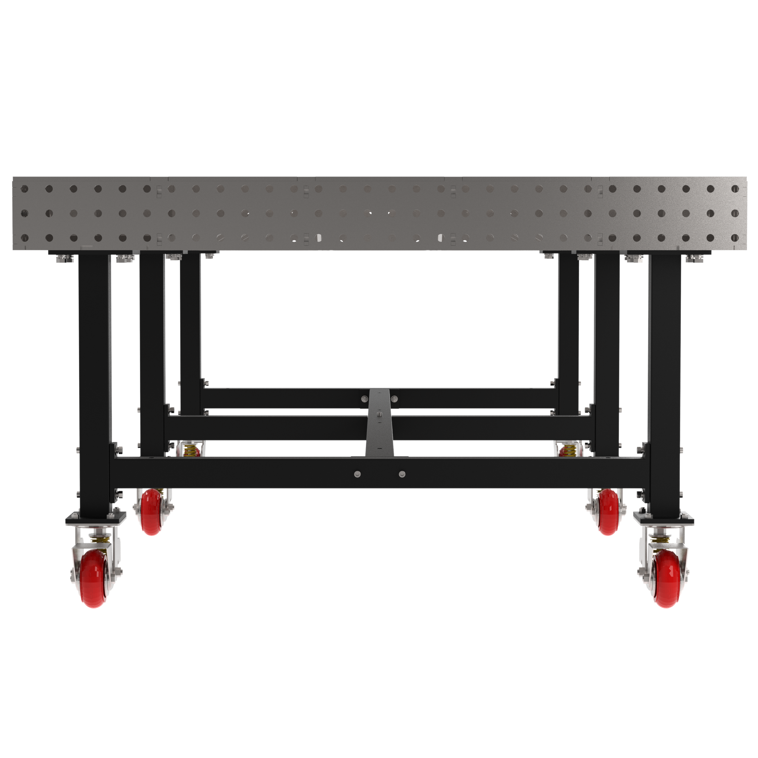 Welding Fixture Table, Fixed Height, 36"H x 120"L x 60"D, 1/4" Carbon Steel Top, Six Black Powdercoat Legs, 6 Heavy Duty Suspension Casters (4 Locking/Swiveling Casters and 2 Non-Locking/Non-SwivelingCasters)