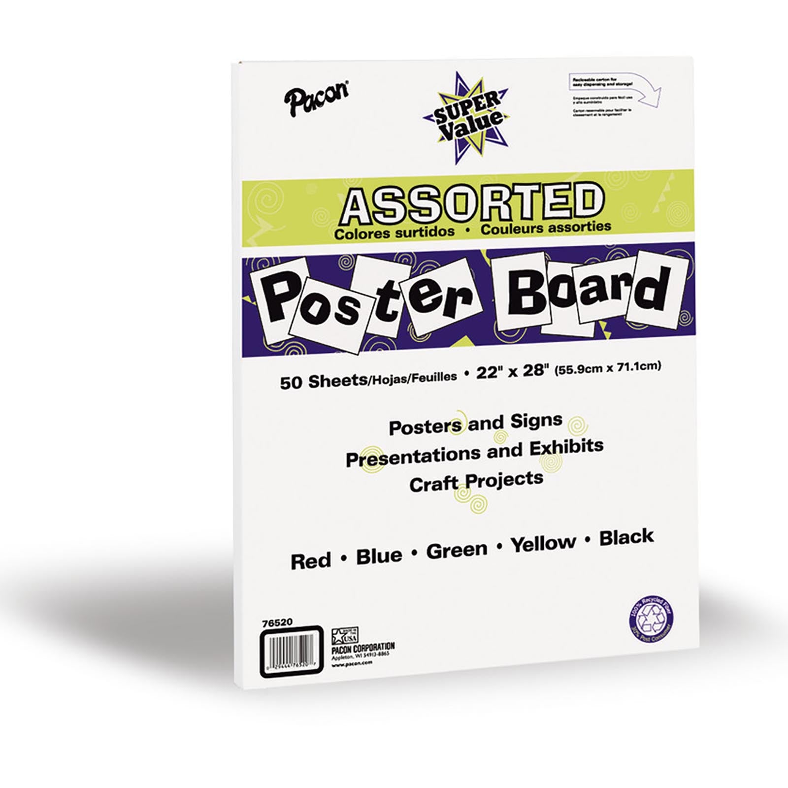 Super Value Poster Board, 5 Assorted Colors, 22" x 28", 50 Sheets