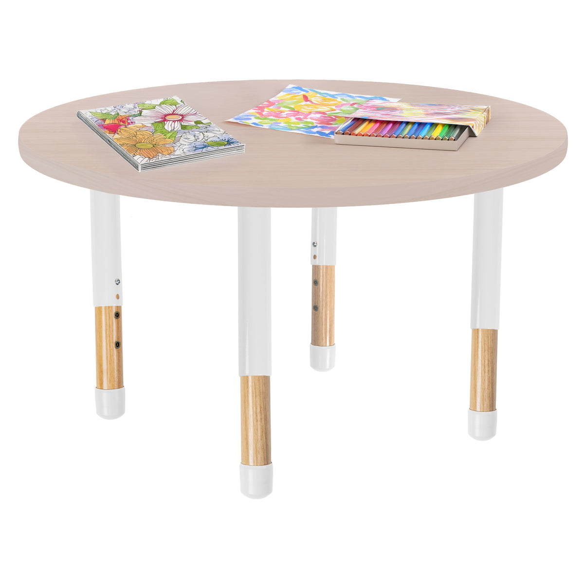 36" x 36" Round Thermofused Activity Table with Adjustable Chunky Wood Legs - Asian Sand/White/Natural