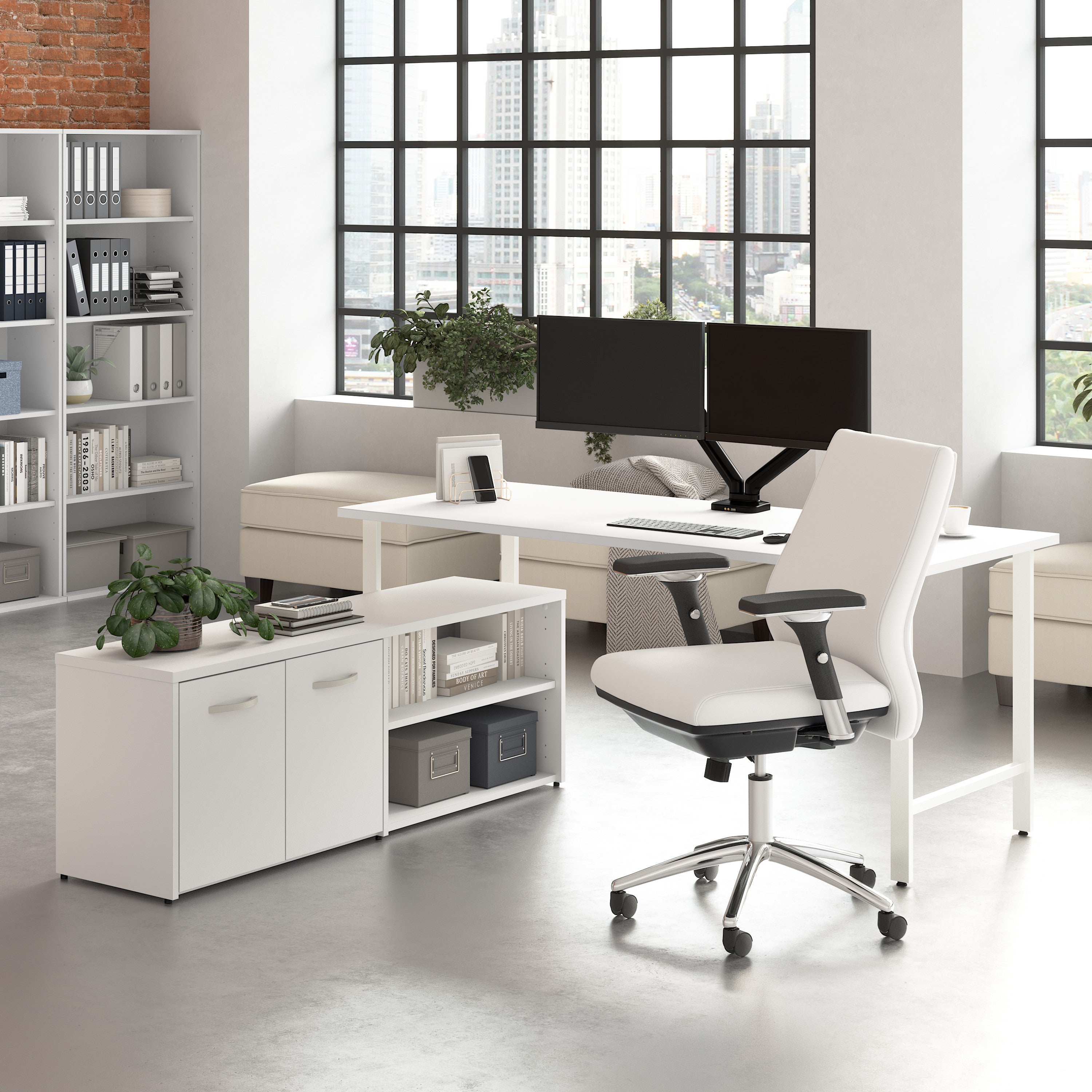 Bush Business Furniture Hustle 72W x 30D Computer Desk and Low Storage Cabinet with Doors and Shelves in White - 71.02" Width x 88.54" Depth x 30.07" Height