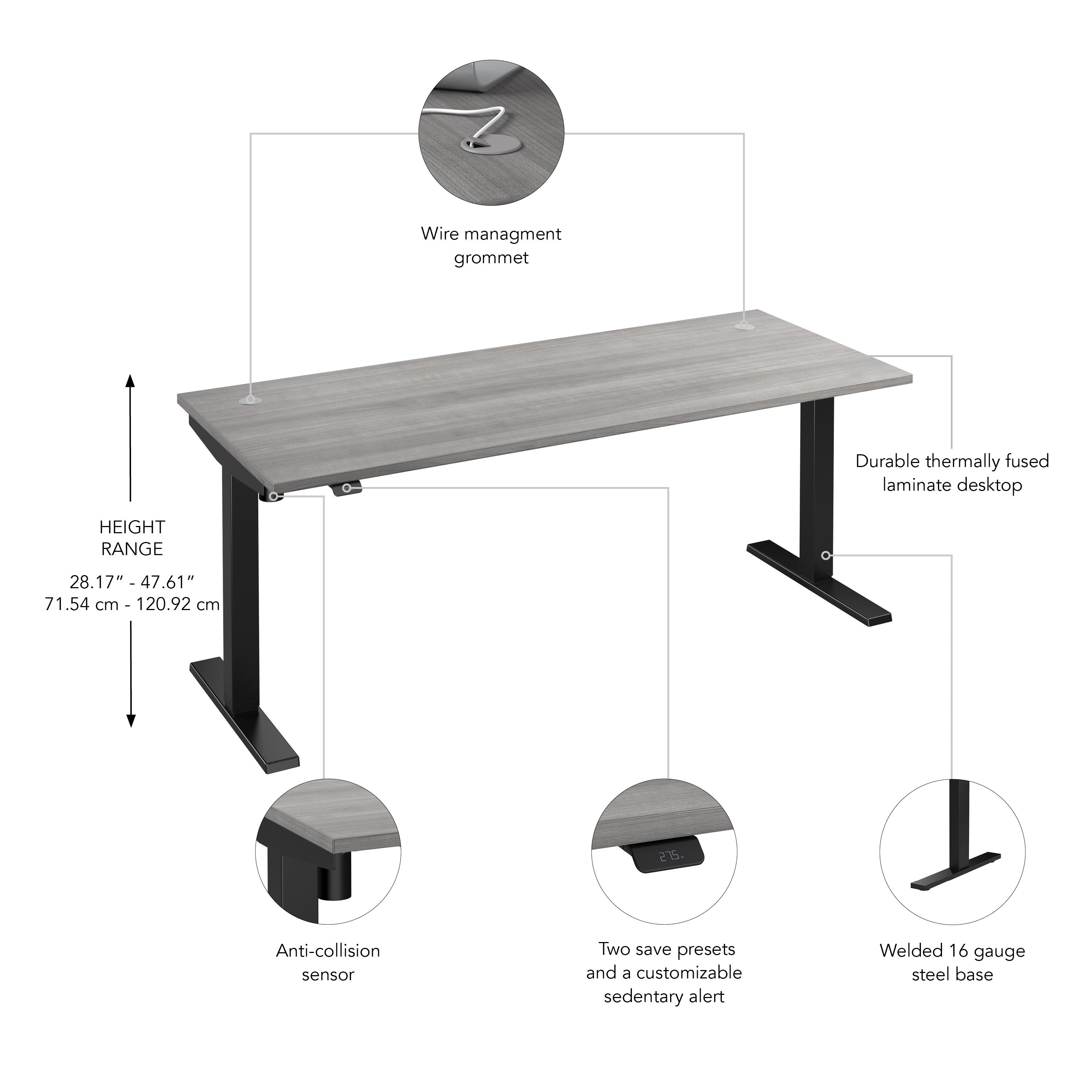 Bush Business Furniture Move 40 Series 72W x 30D Electric Height Adjustable Standing Desk in Platinum Gray with Black Base - 71.02" Width x 29.37" Depth x 28.17" Height