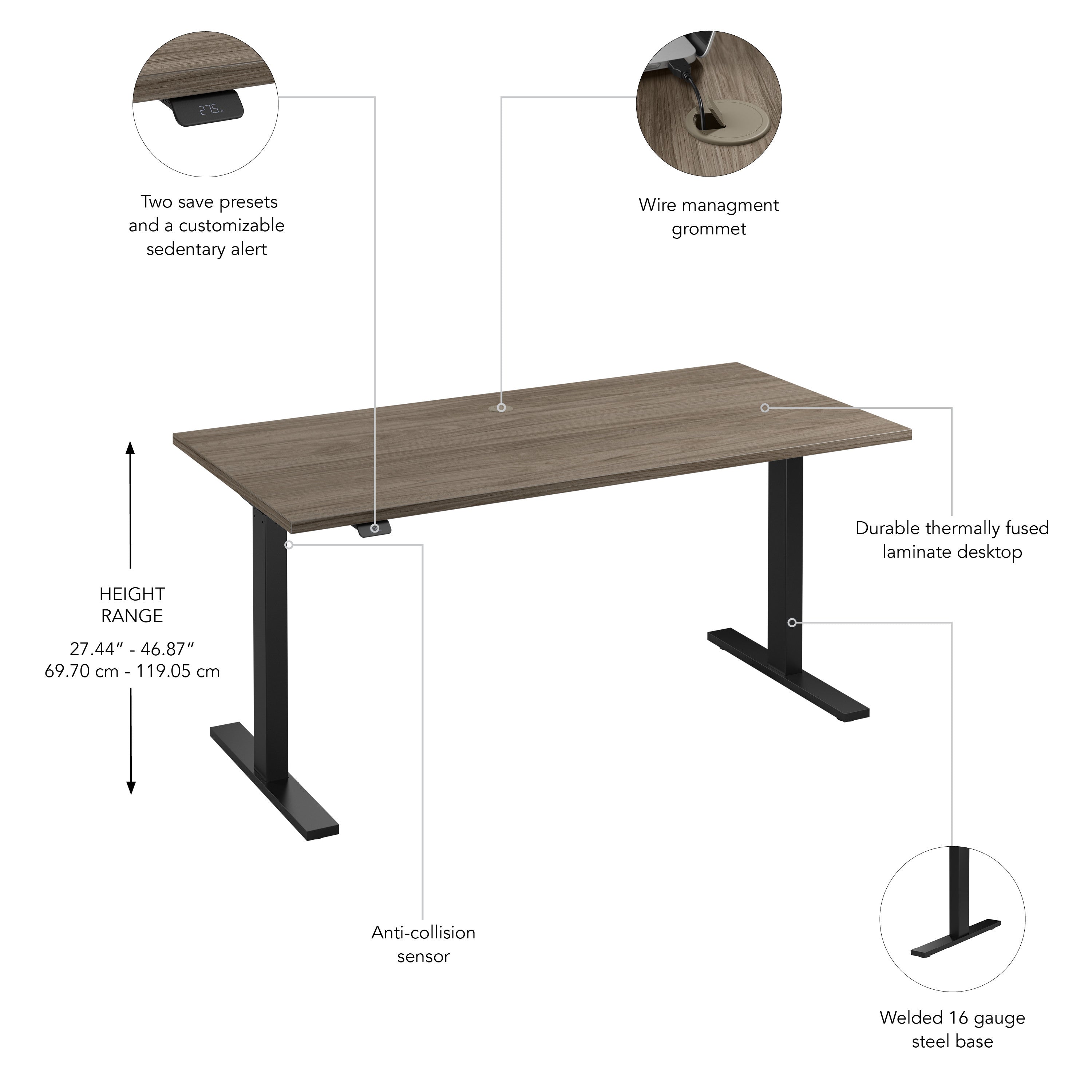Bush Business Furniture Move 60 Series 60W x 30D Electric Height Adjustable Standing Desk in Modern Hickory with Black Base - 59.45" Width x 29.37" Depth x 47.69" Height