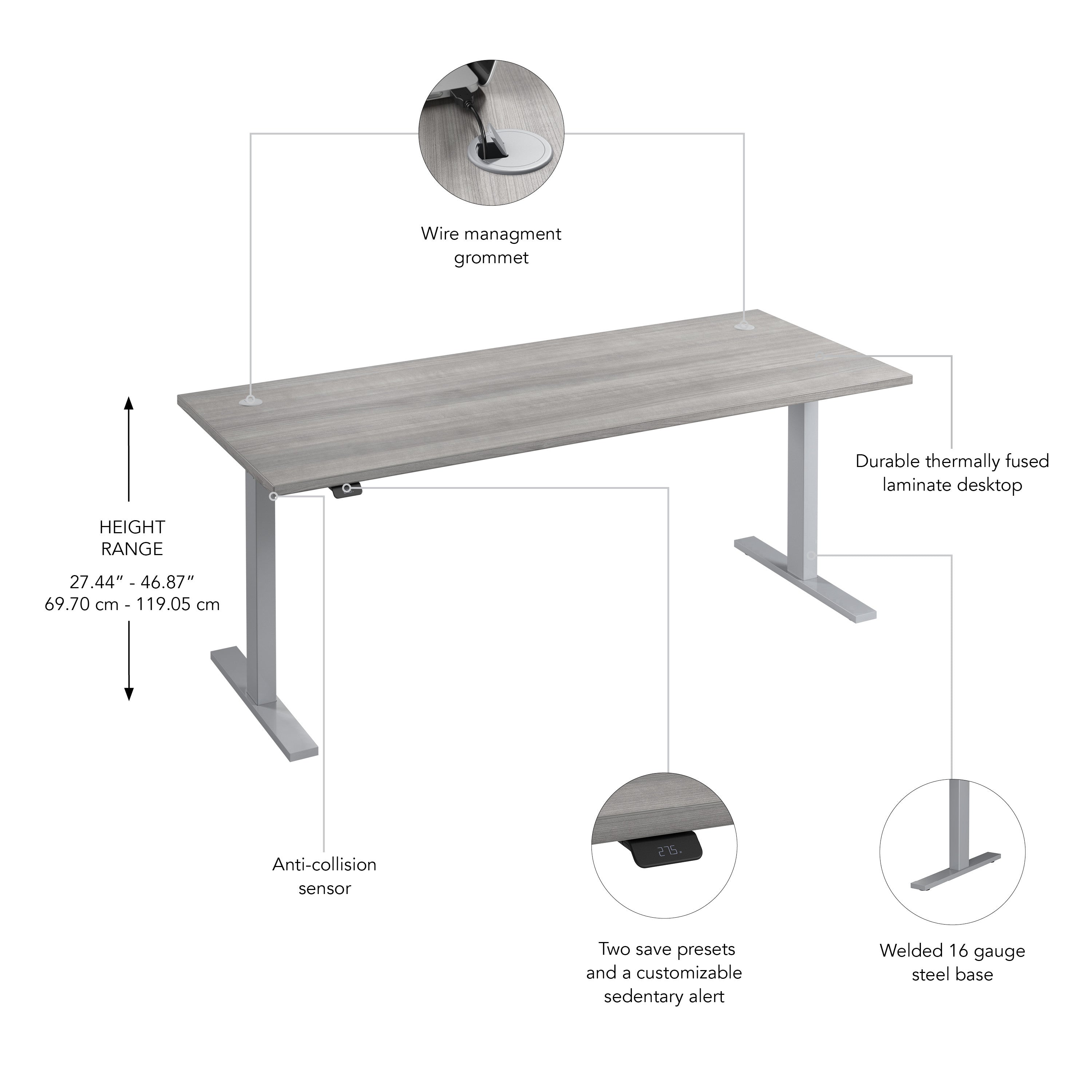 Bush Business Furniture Move 60 Series 72W x 30D Electric Height Adjustable Standing Desk in Platinum Gray with Metallic Gray Base - 71.02" Width x 29.37" Depth x 47.69" Height