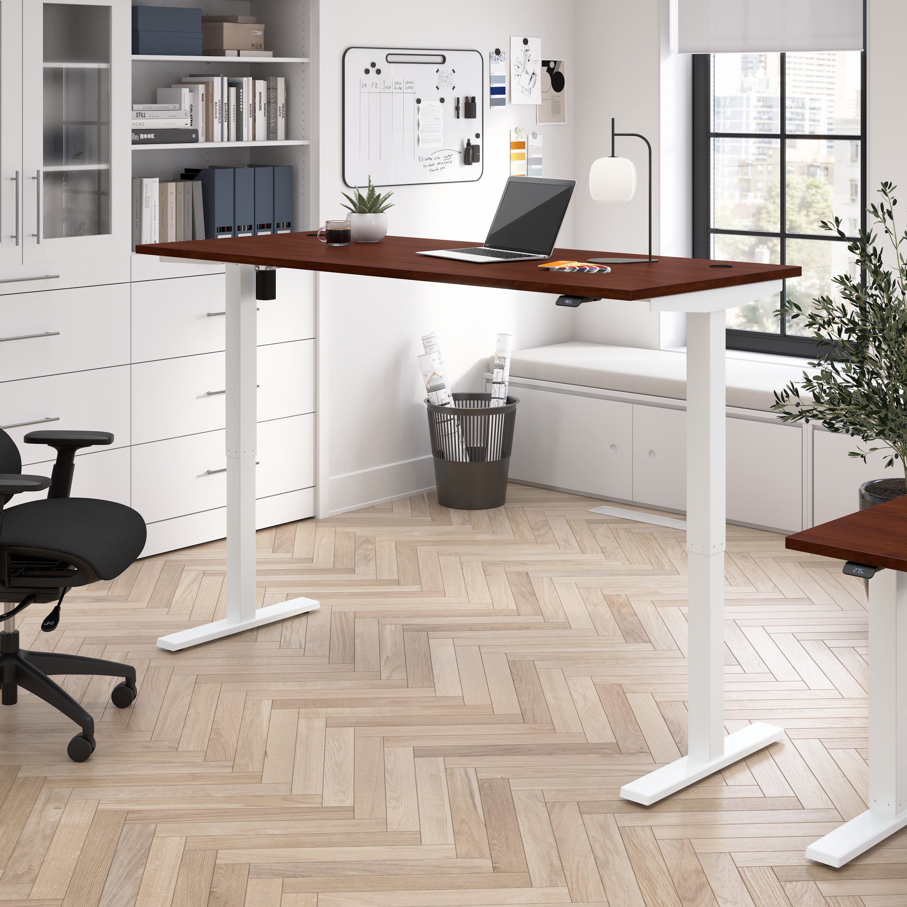 Bush Business Furniture Move 40 Series 72W x 30D Electric Height Adjustable Standing Desk in Hansen Cherry with White Base - 71.02" Width x 29.37" Depth x 28.17" Height