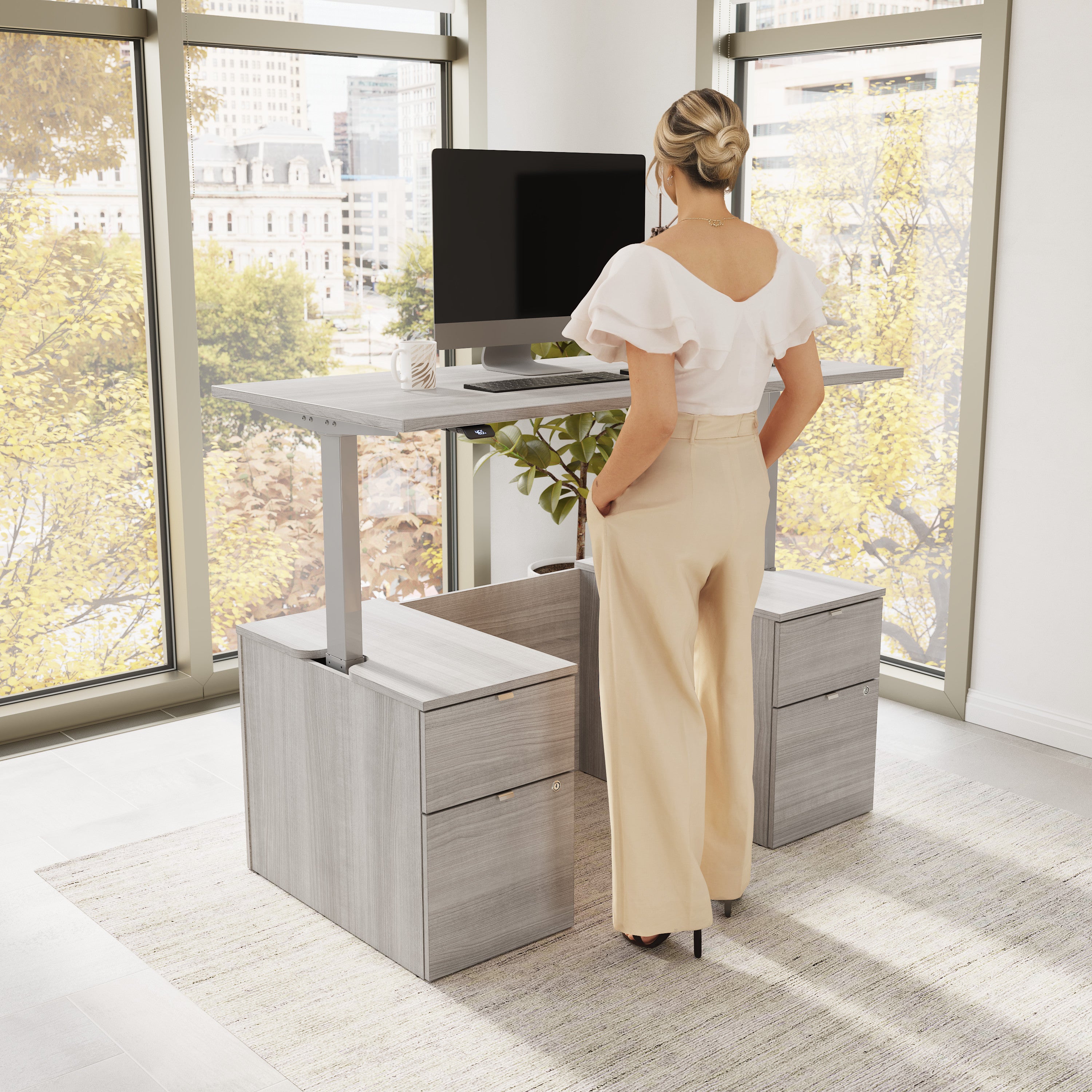Bush Business Furniture Stratus&nbsp;60W x&nbsp;30D Electric Standing Desk with Drawers and Modesty Panel in Platinum Gray with Metallic Gray Base - 59.45" Width x 29.37" Depth x 27.44" Height