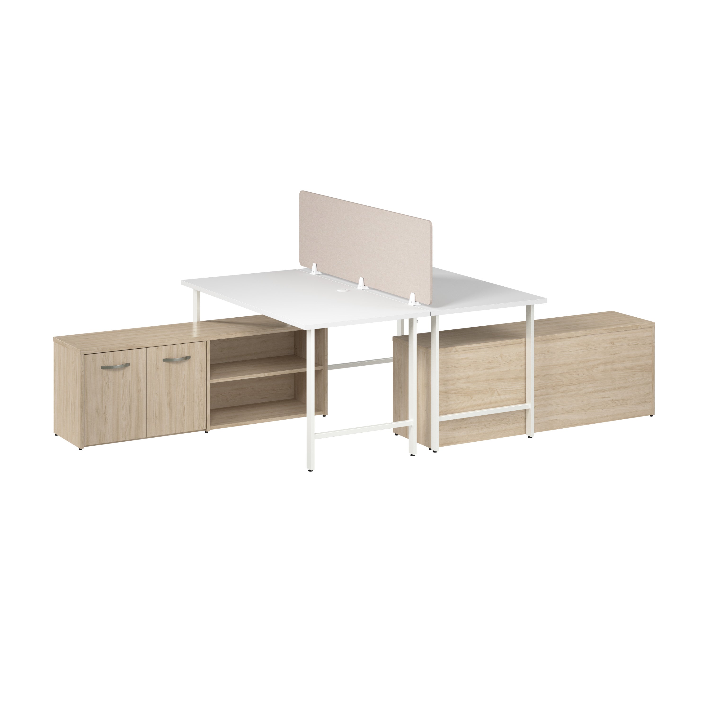 Bush Business Furniture Hustle 2 Person Computer Desk with Low Storage Cabinets, Power Grommets, and Privacy Screen in White and Natural Elm - 59.44" Width x 29.37" Depth x 30.07" Height