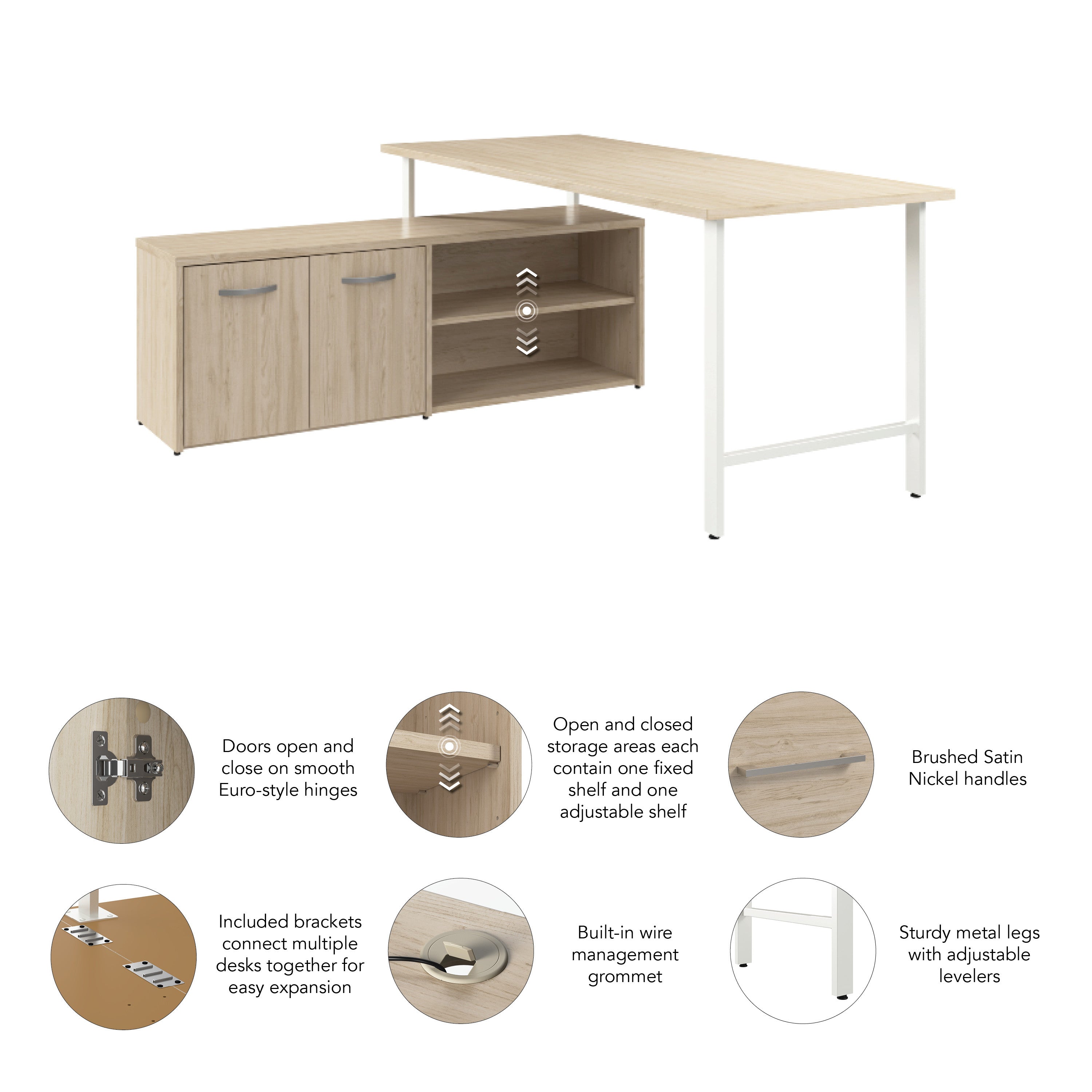 Bush Business Furniture Hustle 72W x 30D Computer Desk and Low Storage Cabinet with Doors and Shelves in Natural Elm - 71.02" Width x 88.54" Depth x 30.07" Height