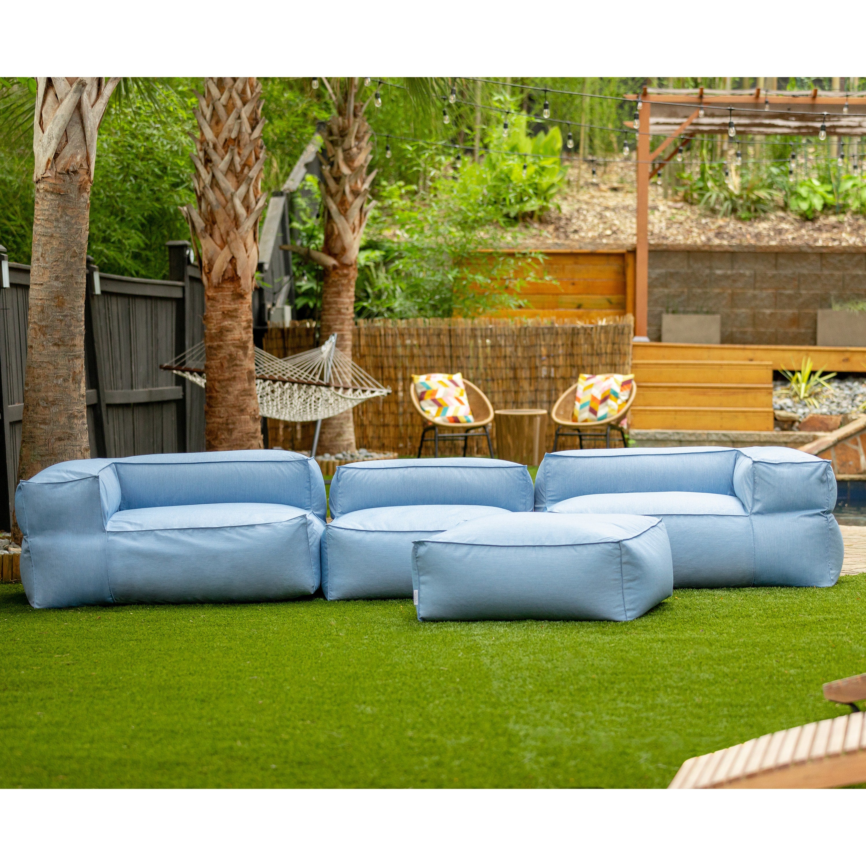 Baya 4 Piece Outdoor Sofa with Ottoman - Luxurious European Style Soft Seating, Ocean Blue