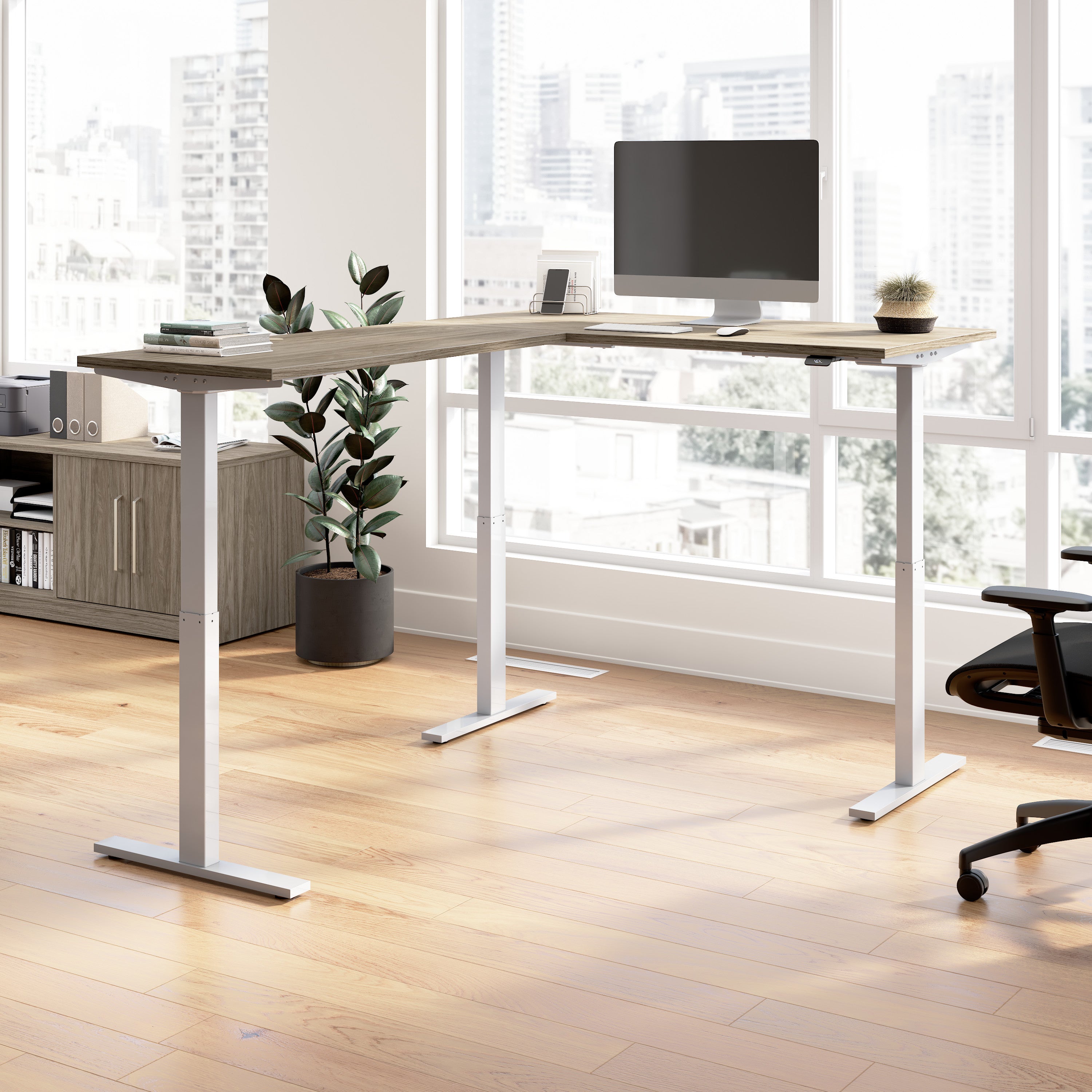 Bush Business Furniture Move 60 Series 60W Height Adjustable L Shaped Standing Desk in Modern Hickory with Metallic Gray Base - 59.45" Width x 76.97" Depth x 27.44" Height