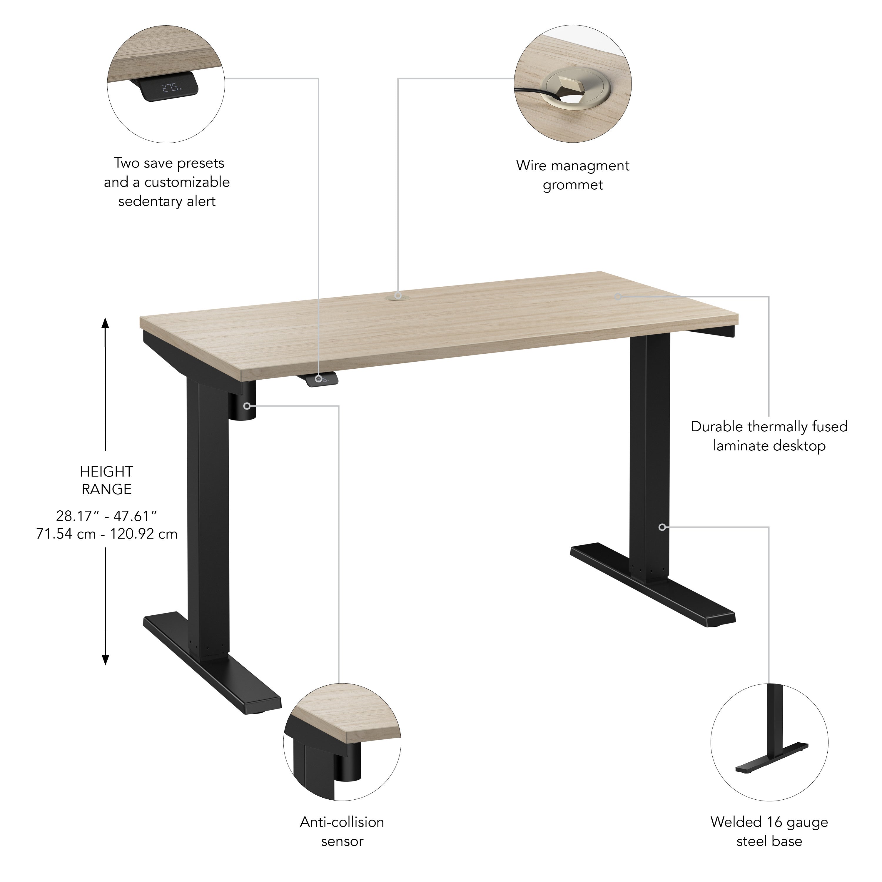 Bush Business Furniture Move 40 Series 48W x 24D Electric Height Adjustable Standing Desk in Natural Elm with Black Base - 47.6" Width x 23.35" Depth x 28.17" Height