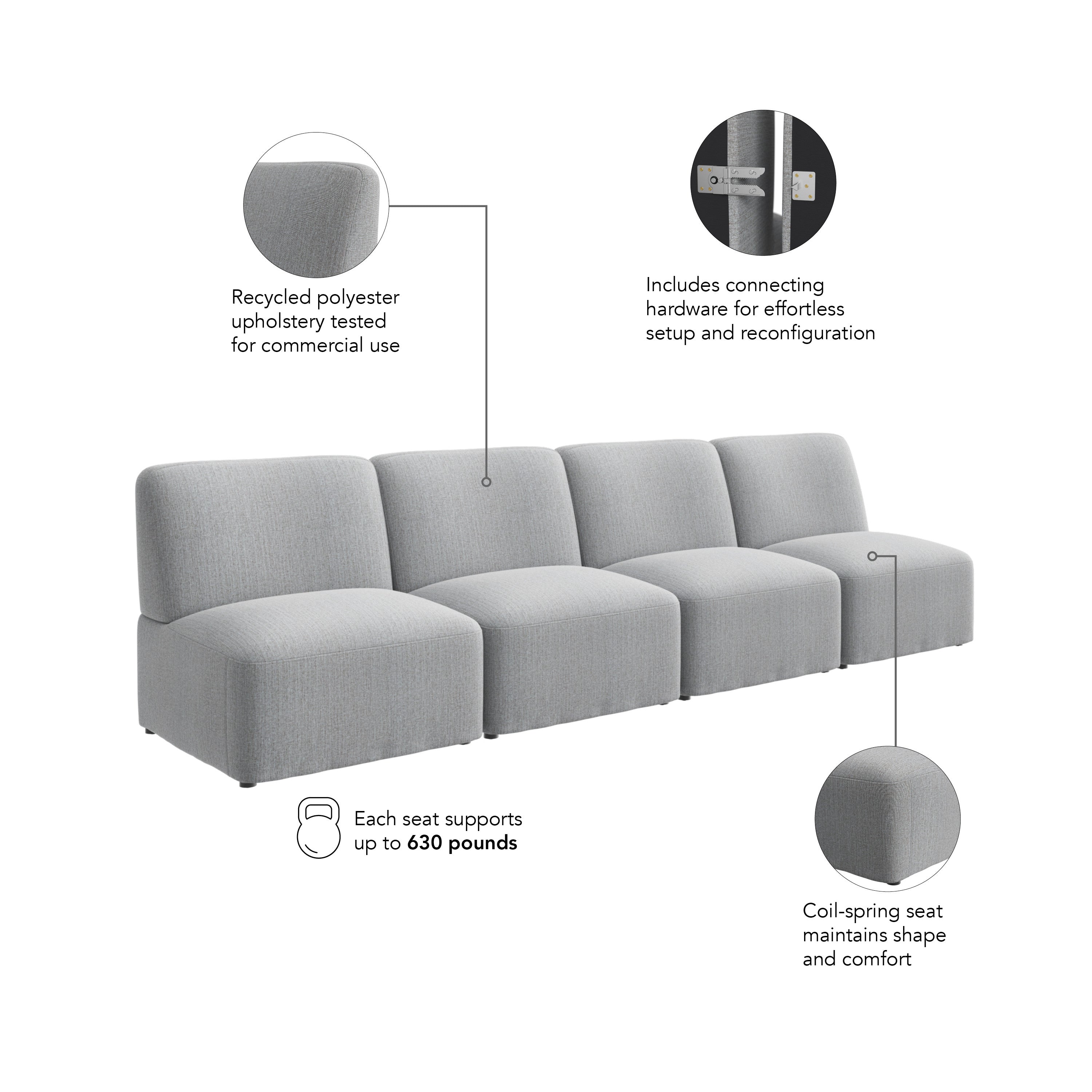Bush Business Furniture Assemble Modular 4 Seater Sectional Lounge Sofa in Fog Fabric - 119.68" Width x 30.51" Depth x 29.92" Height