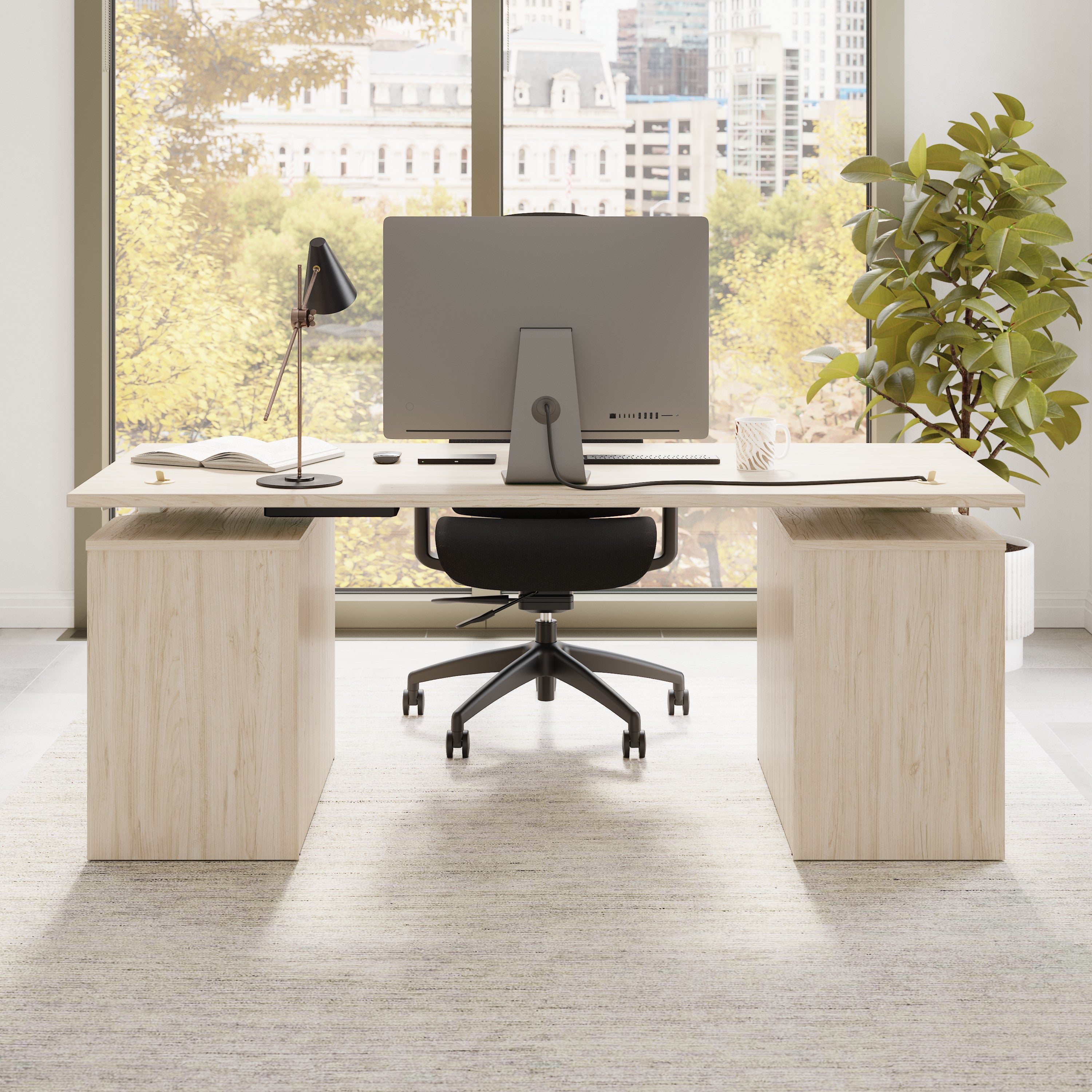 Bush Business Furniture Stratus&nbsp;72W x&nbsp;30D Electric Height Adjustable Standing Desk with Drawers in Natural Elm with White Base - 71.02" Width x 29.37" Depth x 27.44" Height