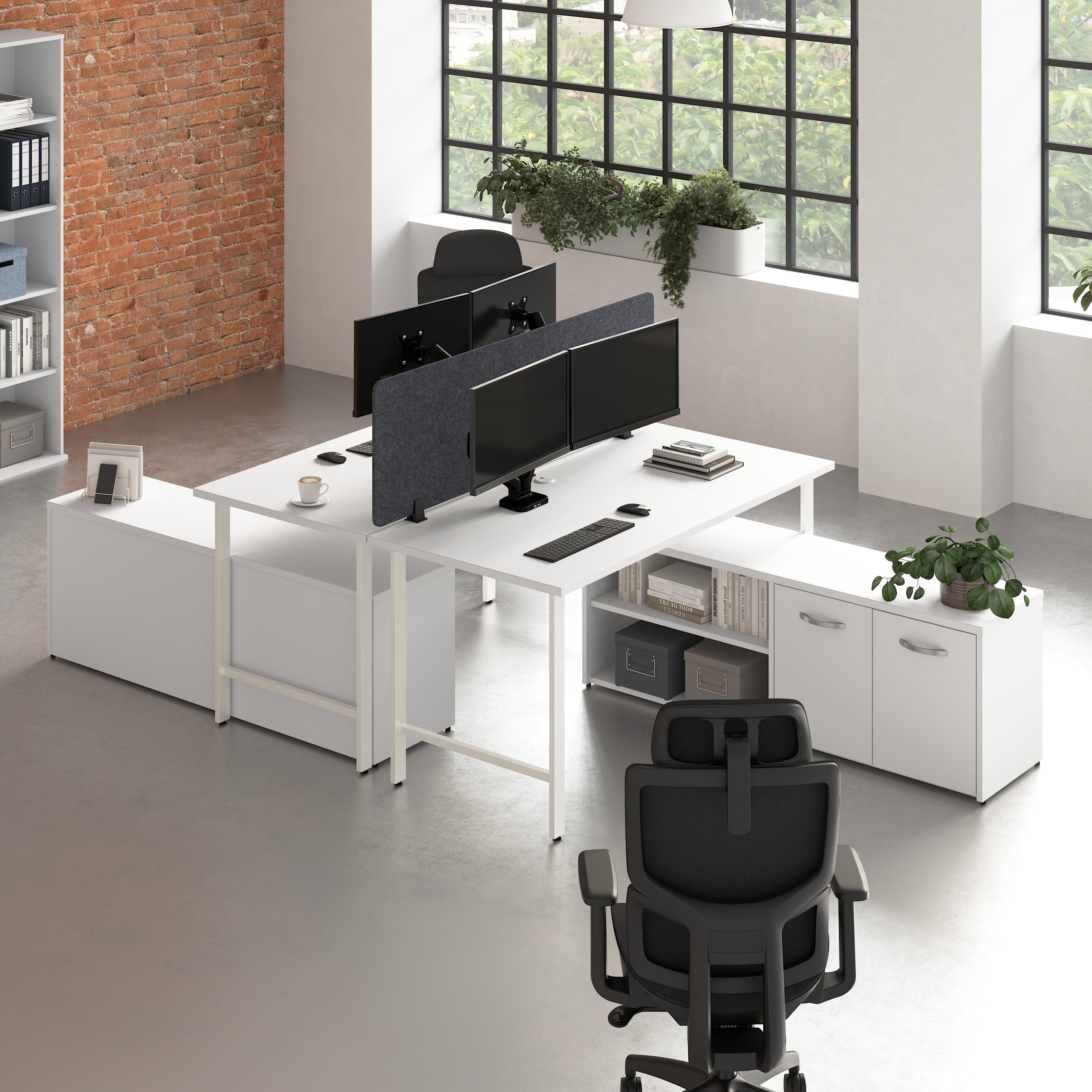 Bush Business Furniture Hustle 2 Person Computer Desk with Low Storage Cabinets, Power Grommets, and Privacy Screen in White - 59.44" Width x 29.37" Depth x 30.07" Height