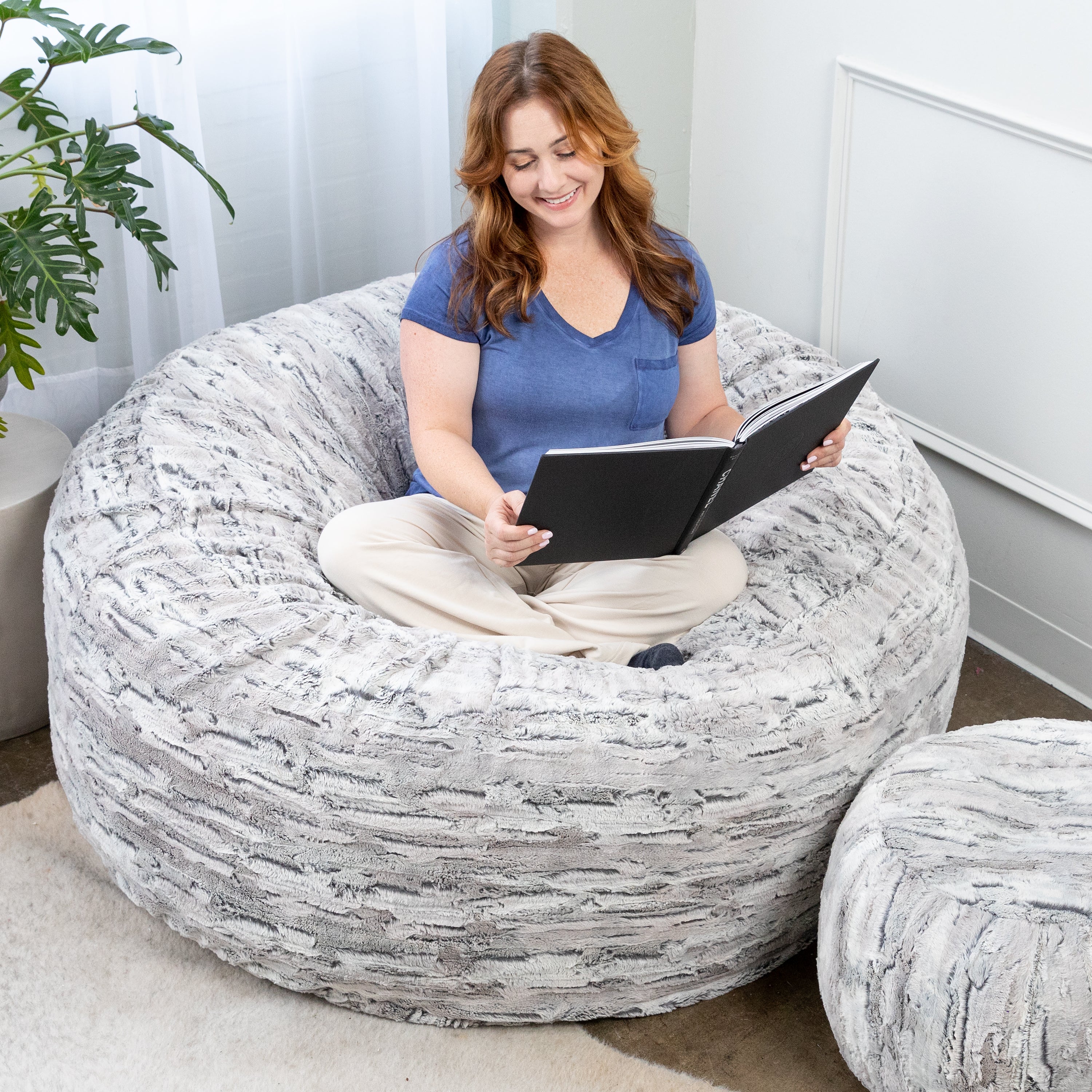 Jaxx 5 Foot Saxx Bean Bag Chair For Adults - Luxe Faux Fur, Silver Fox
